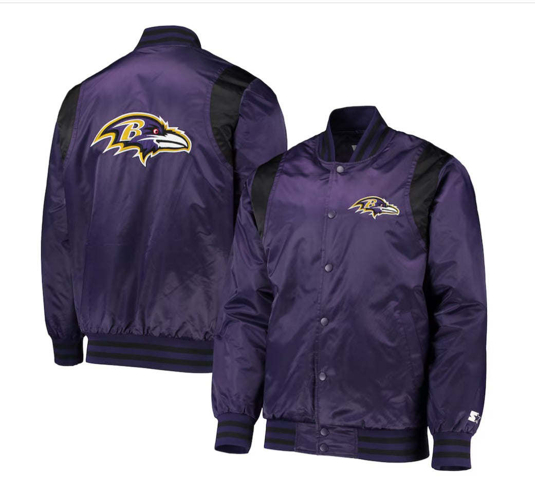 Men's Starter Purple/Black Baltimore Ravens Prime Time Twill Satin Varsity Full-Snap Jacket