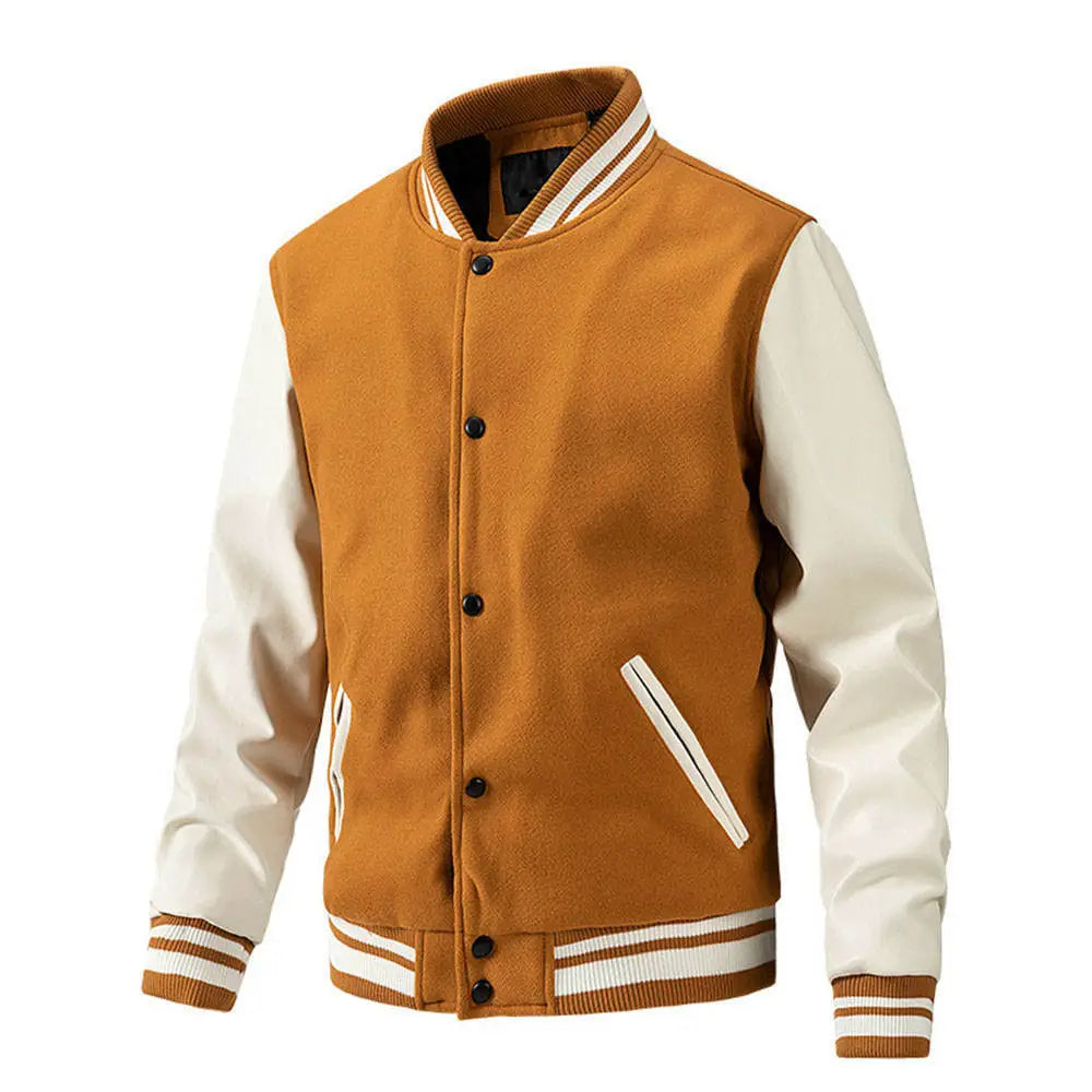 New Varsity Letterman bomber Jacket Camel Wool Body With Leather Sleeves