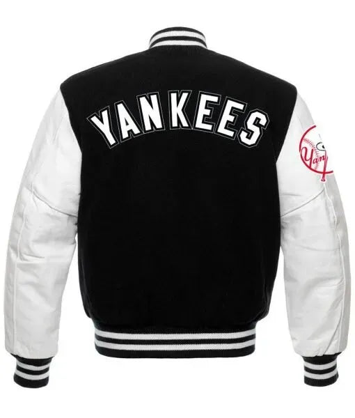 Men NY Yankees Black Wool Genuine Leather White Sleeves Letterman Varsity Jacket Highland Gears (76