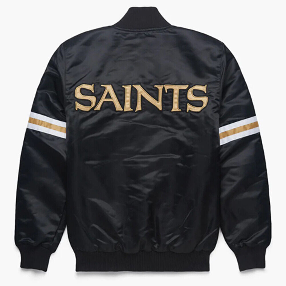 NFL New Orleans Saints Vintage 80s Black Satin Bomber Baseball Varsity Jacket