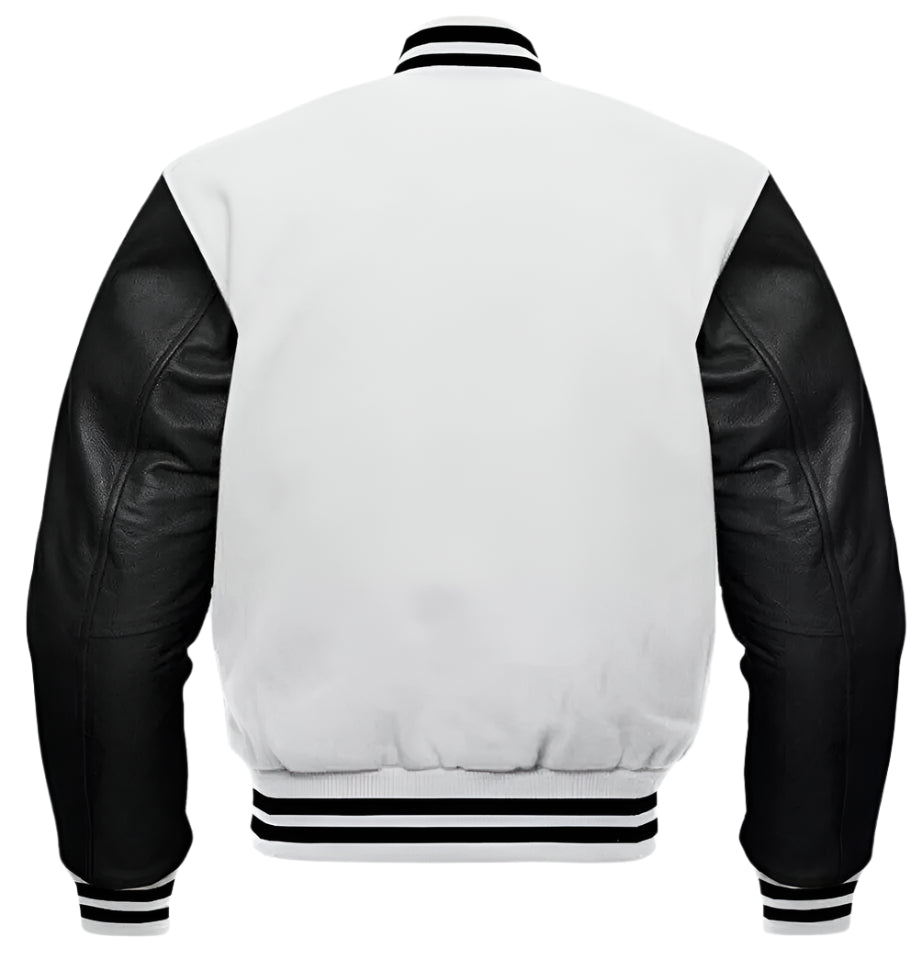 Varsity Baseball College Lettermen Bomber White Wool & Black Leather Jacket