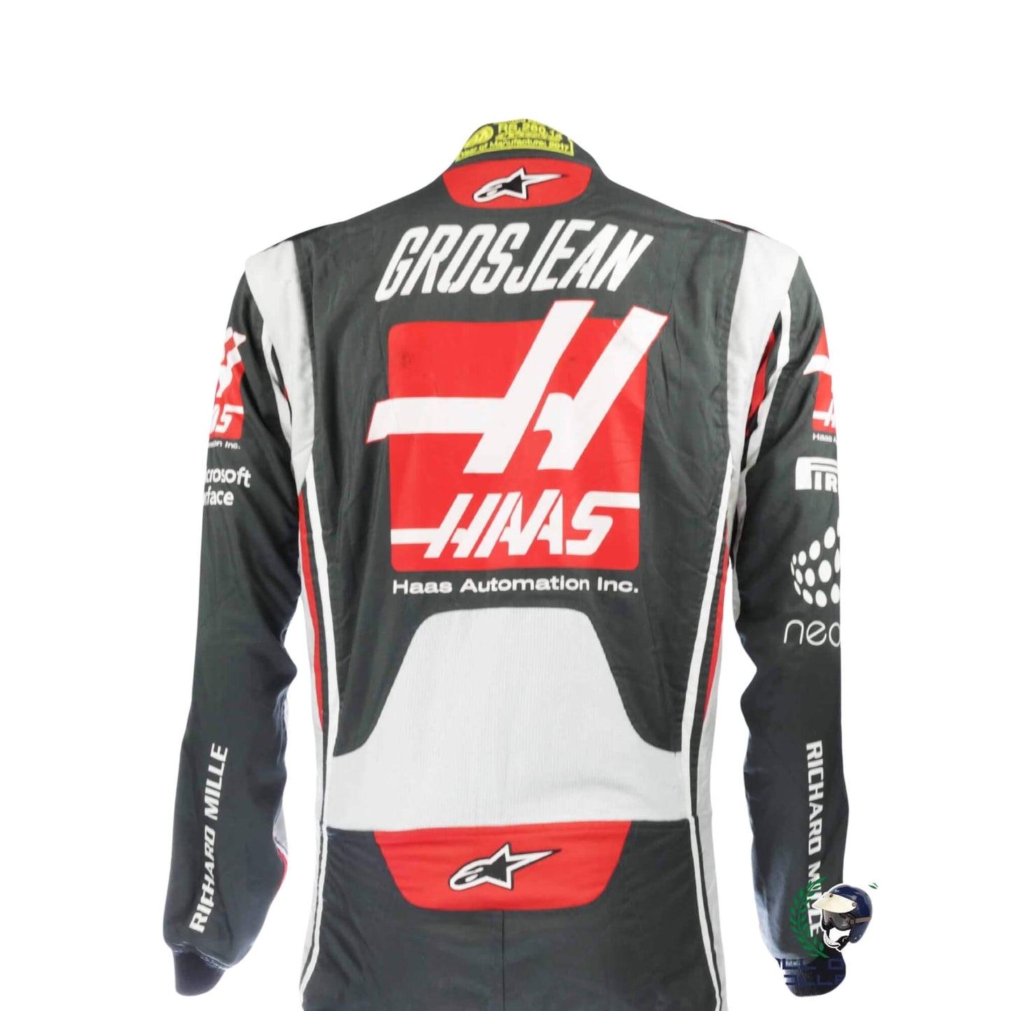 Back view of Romain Grosjean’s 2017 racing suit, featuring embroidered sponsor logos, number placements, and aerodynamic fit for racing performance.