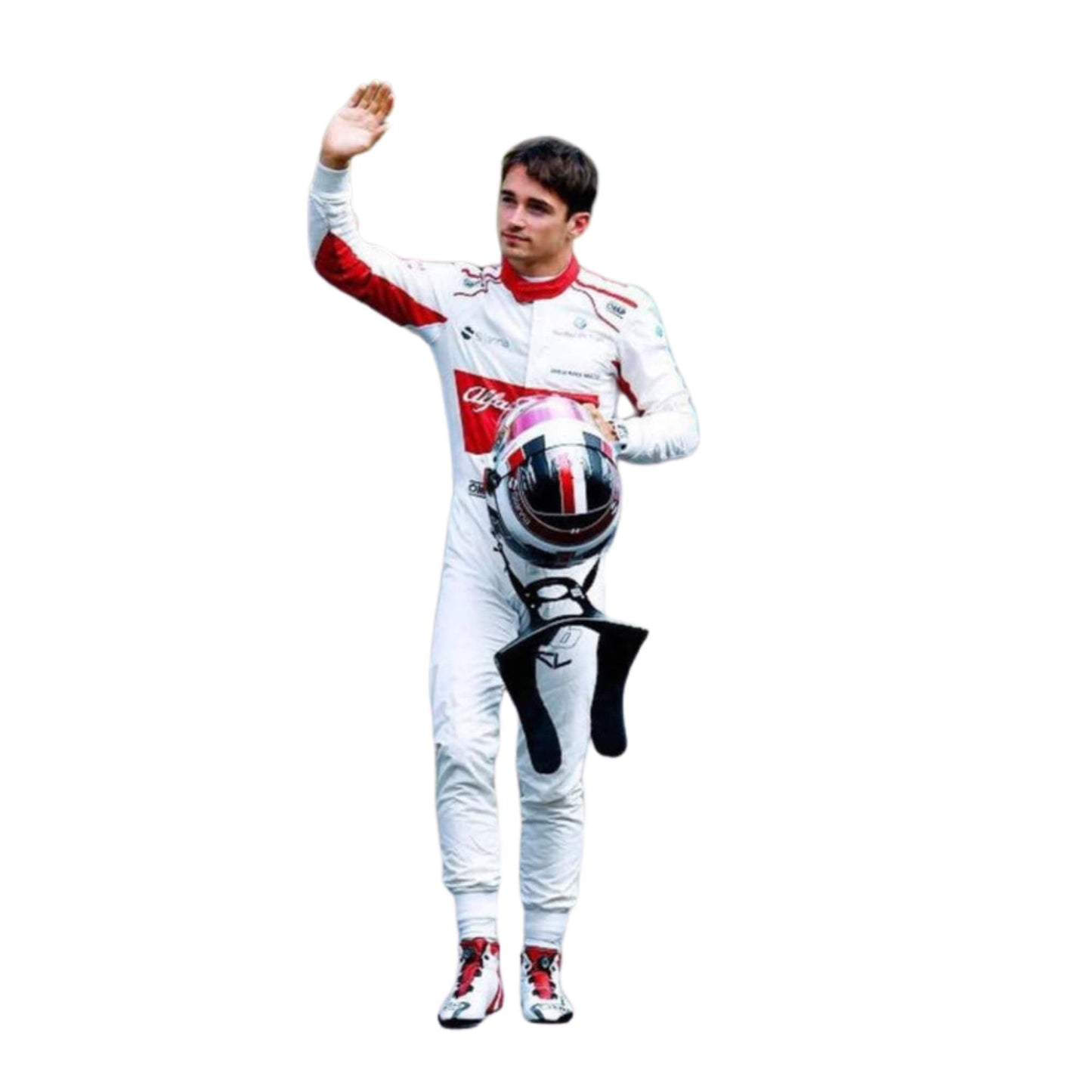 Full-body view of Charles Leclerc’s 2018 Sauber F1 racing suit, showcasing the aerodynamic fit, sponsor logos, and premium design for high-performance racing.