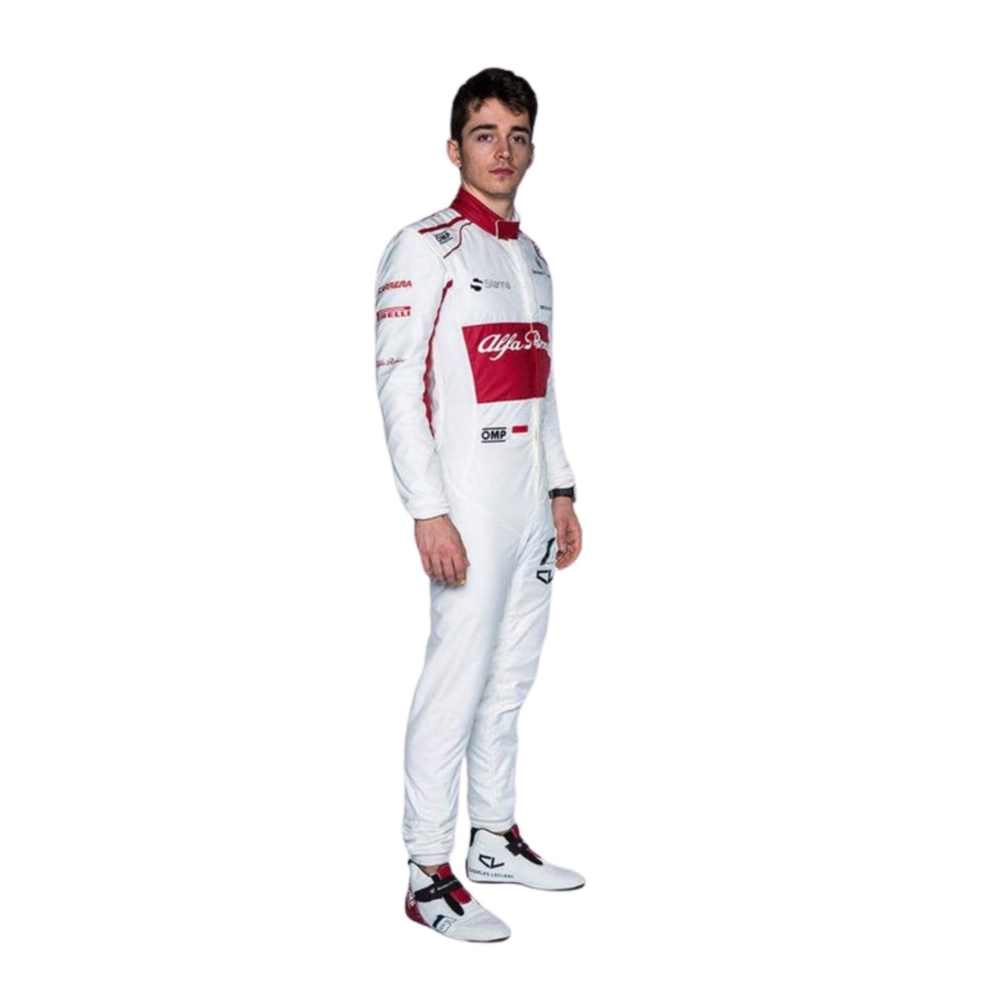 Left side view of Charles Leclerc’s 2018 Sauber F1 racing suit, showing sponsor logos, tailored fit, and high-performance materials designed for superior comfort on the track.