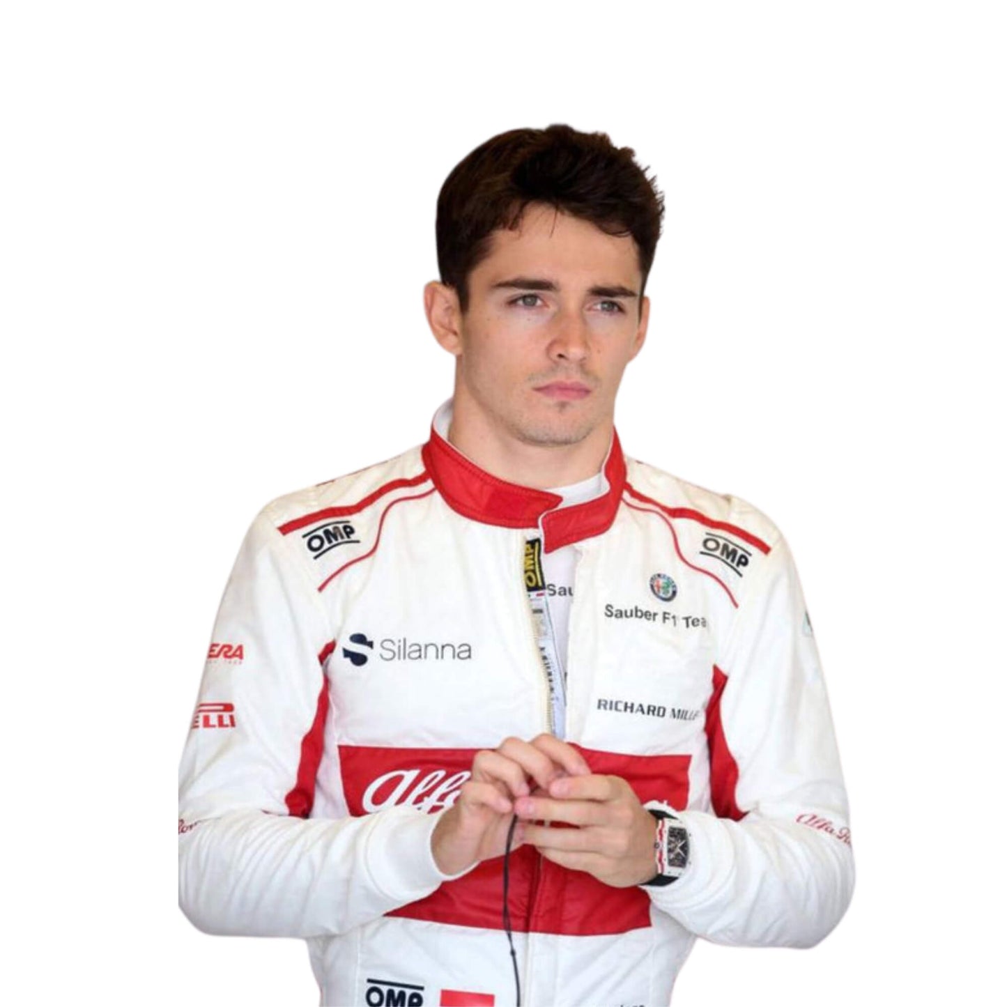 Close-up of the chest area of Charles Leclerc’s 2018 Sauber F1 racing suit, focusing on the embroidered sponsor logos and breathable fabric designed for racing efficiency.