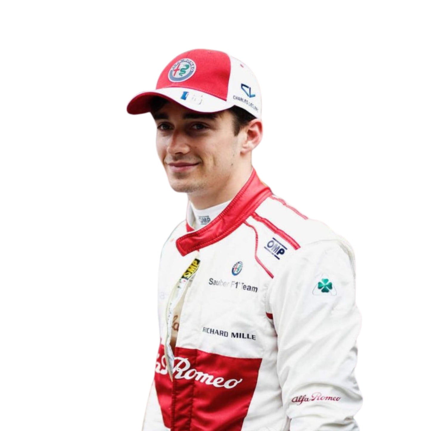 Close-up of the chest area of Charles Leclerc’s 2018 Sauber F1 racing suit, focusing on the embroidered sponsor logos and breathable fabric designed for racing efficiency.