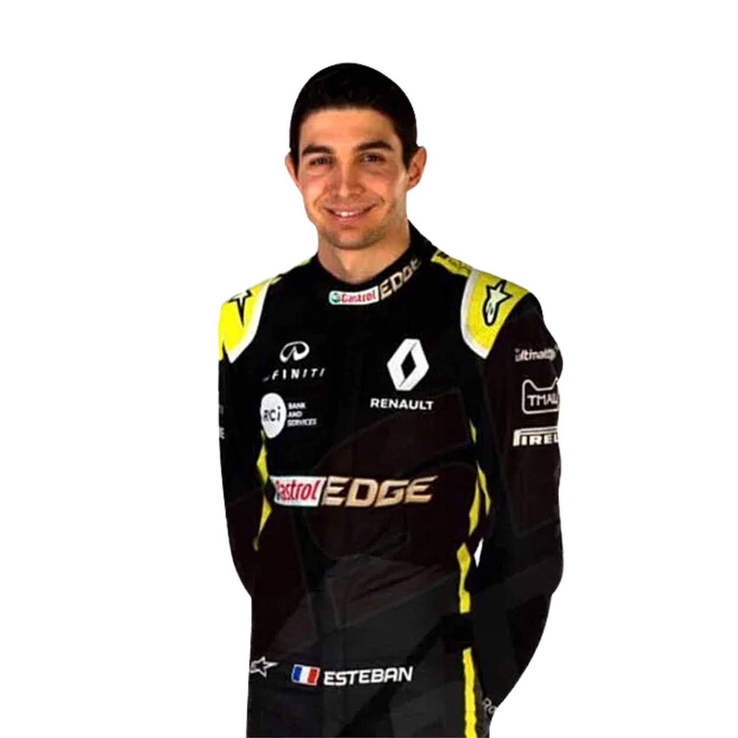 Esteban Ocon 2020 F1 racing suit close up front view – modern and performance-focused racewear design, appreciated by motorsport fans and collectors.