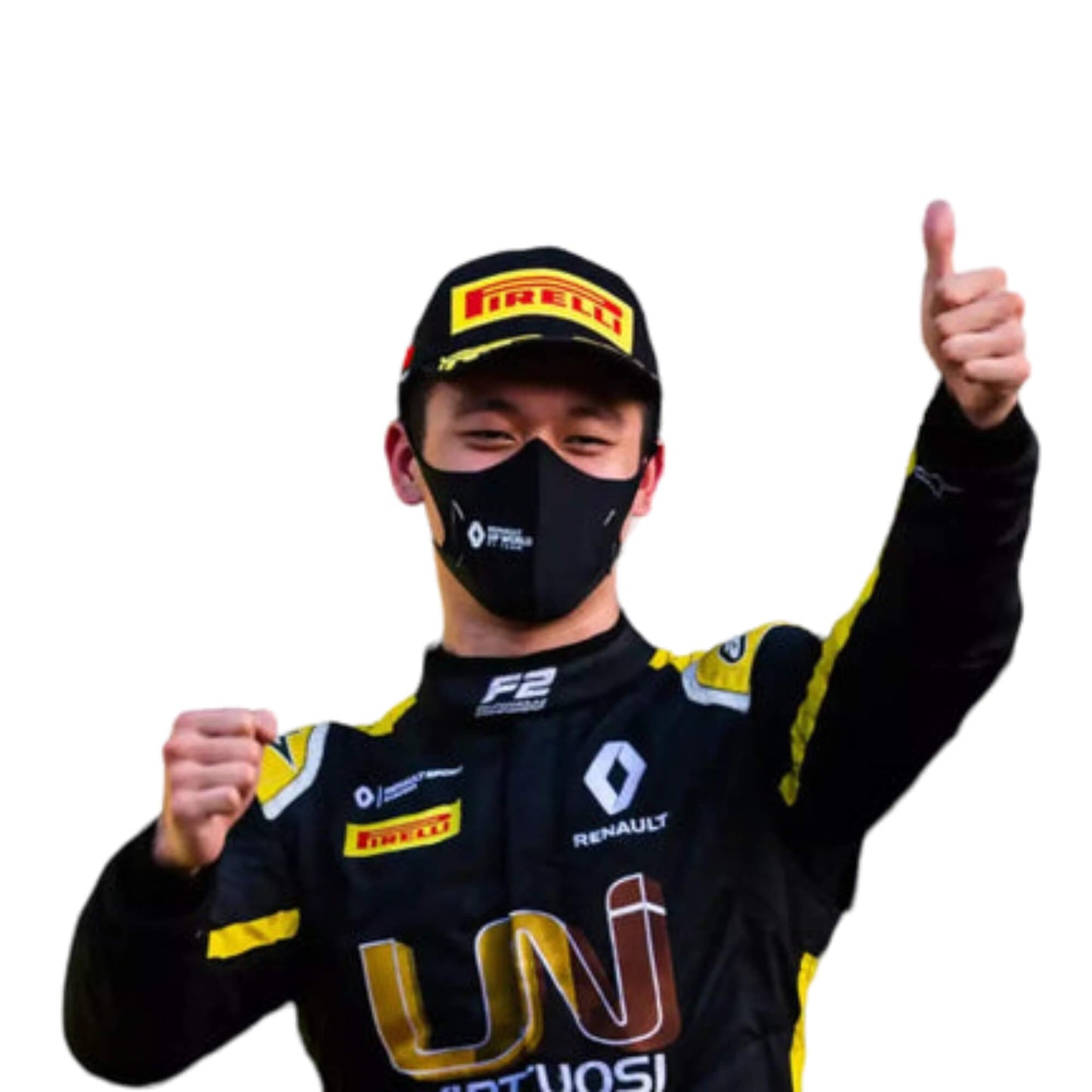 Close up view of Zhou Guanyu 2020 F1 racing suit – sleek black and yellow design