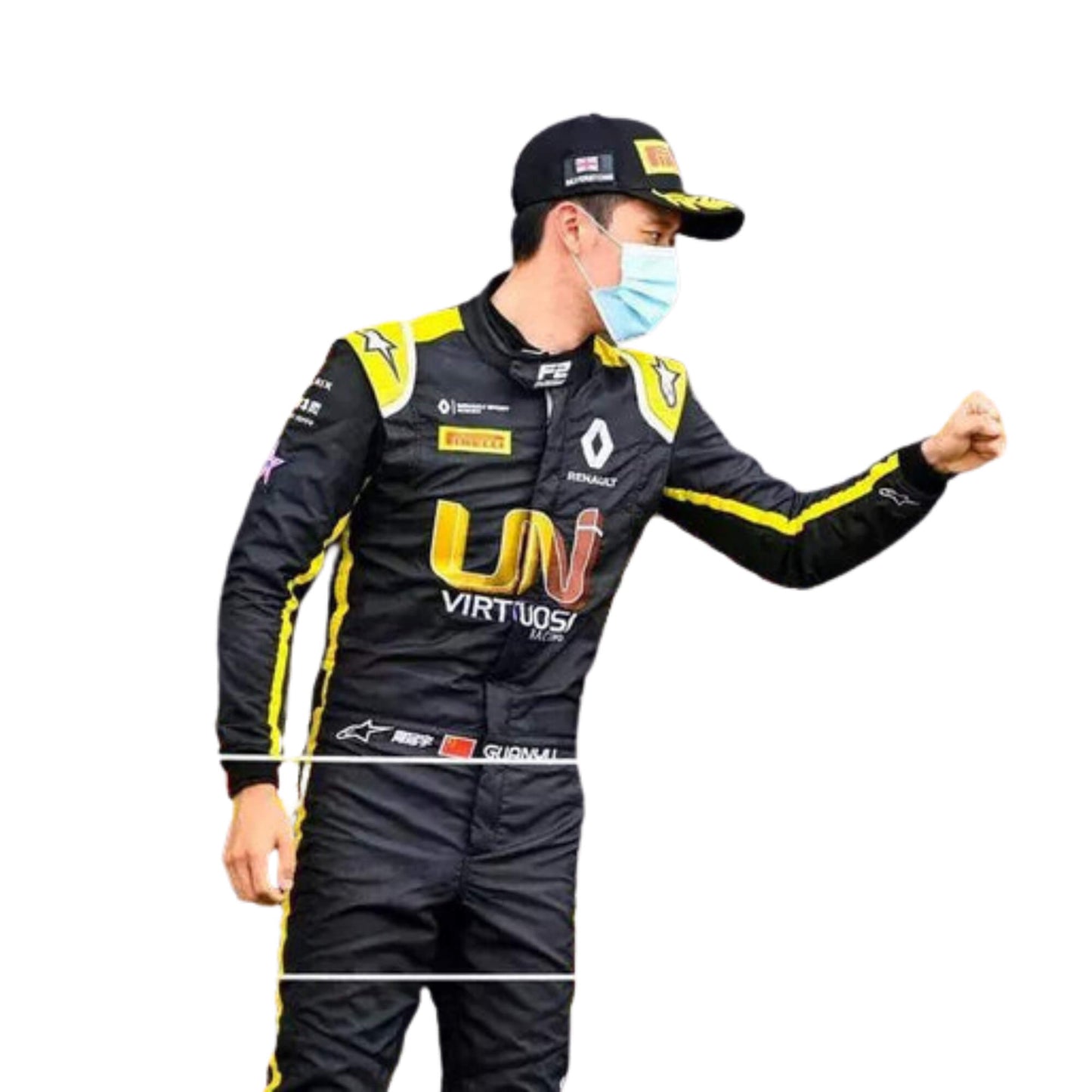 Zhou Guanyu 2020 F1 racing suit – sleek black and yellow design