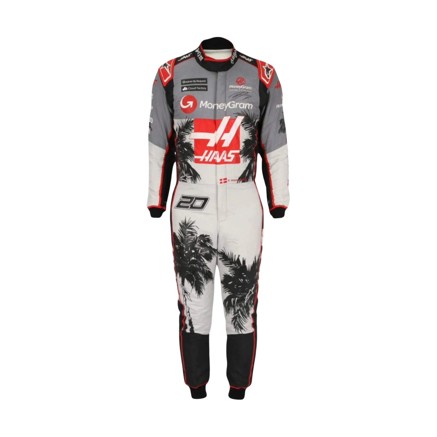 Front view of 2023 Miami GP F1 racing suit inspired by Kevin Magnussen, in bright white with red and black detailing and a heat-ready aerodynamic fit