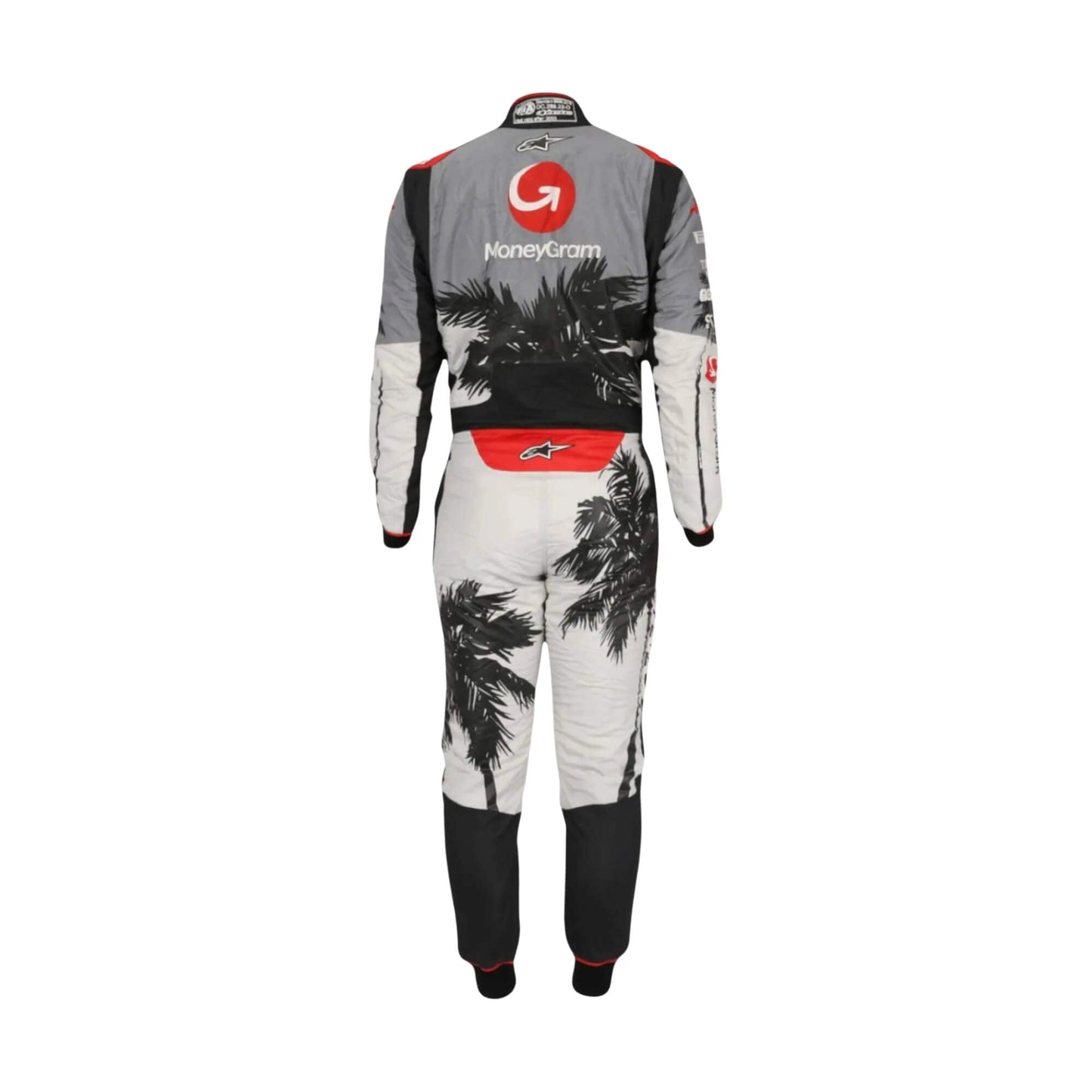 Rear shot of Kevin Magnussen-style Miami Grand Prix 2023 race suit, showcasing breathable panels, tailored fit, and dynamic color blocking.