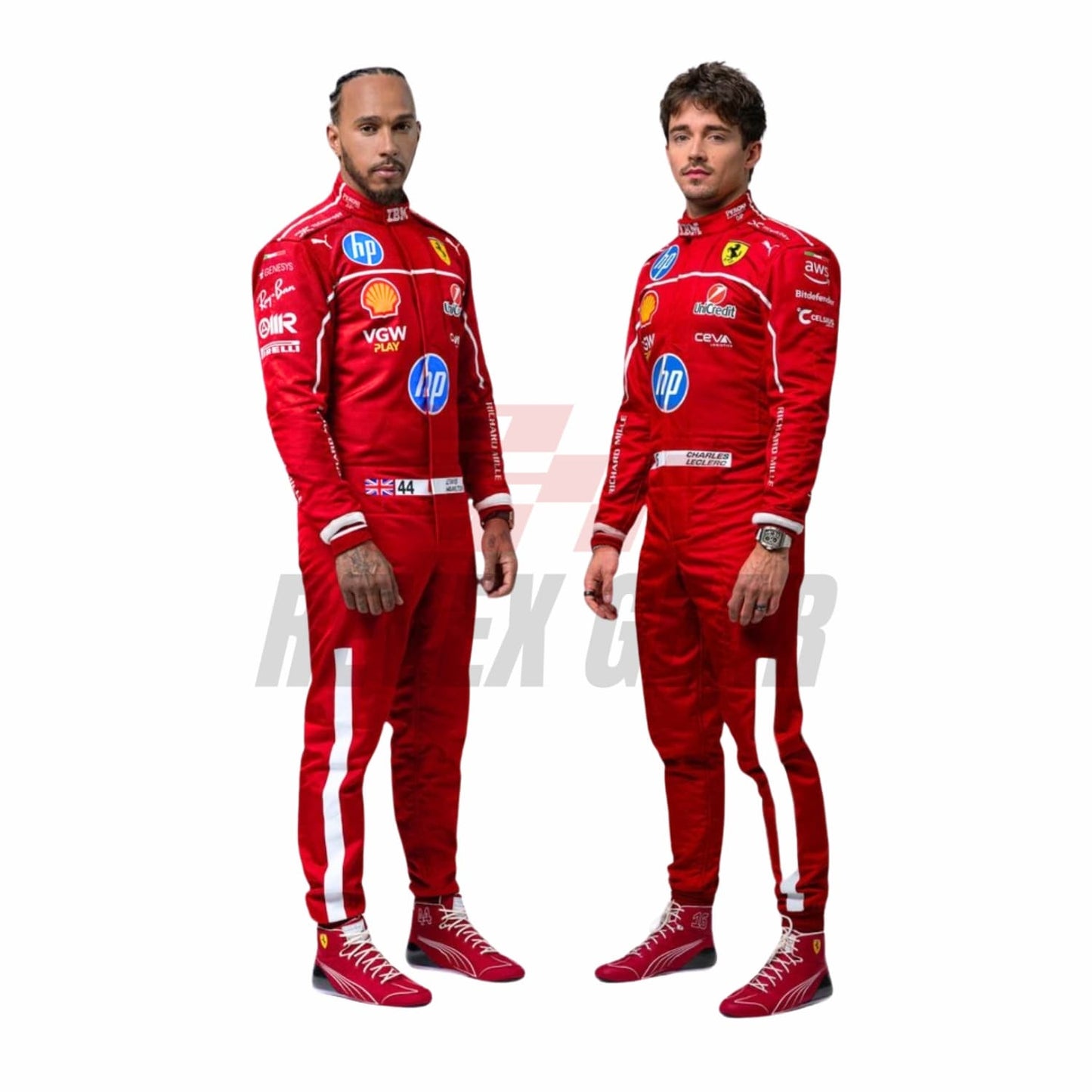 2025 F1 racing costume front view worn by Charles Leclerc and Lewis Hamilton featuring aerodynamic design, sponsor patches, and sharp contrast panels in red, black, and silver.