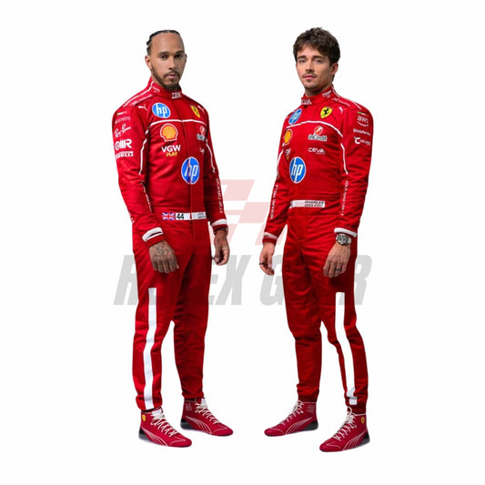 2025 F1 racing costume front view worn by Charles Leclerc and Lewis Hamilton featuring aerodynamic design, sponsor patches, and sharp contrast panels in red, black, and silver.