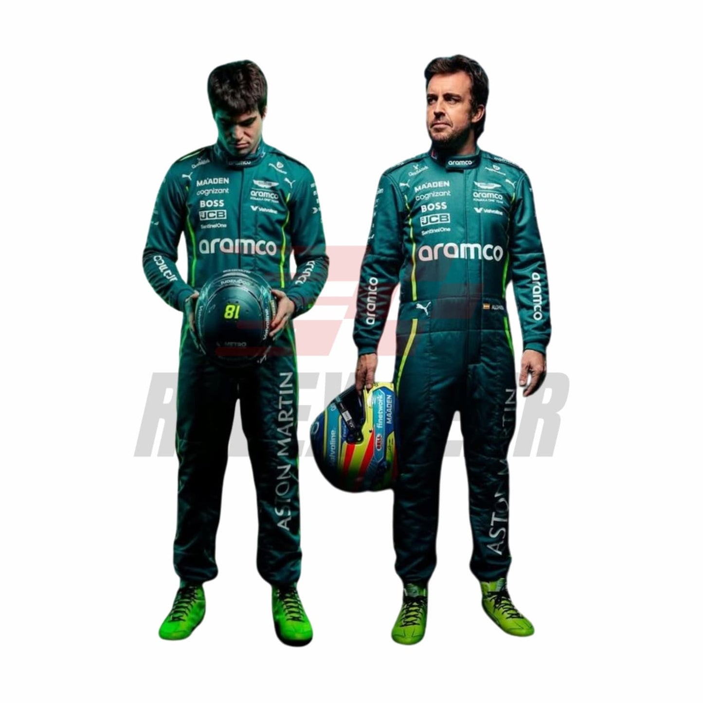 Front view of the 2025 F1 racing costume worn by Fernando Alonso and Lance Stroll, showcasing British racing green with neon lime accents, breathable paneling, and detailed sponsor placements.