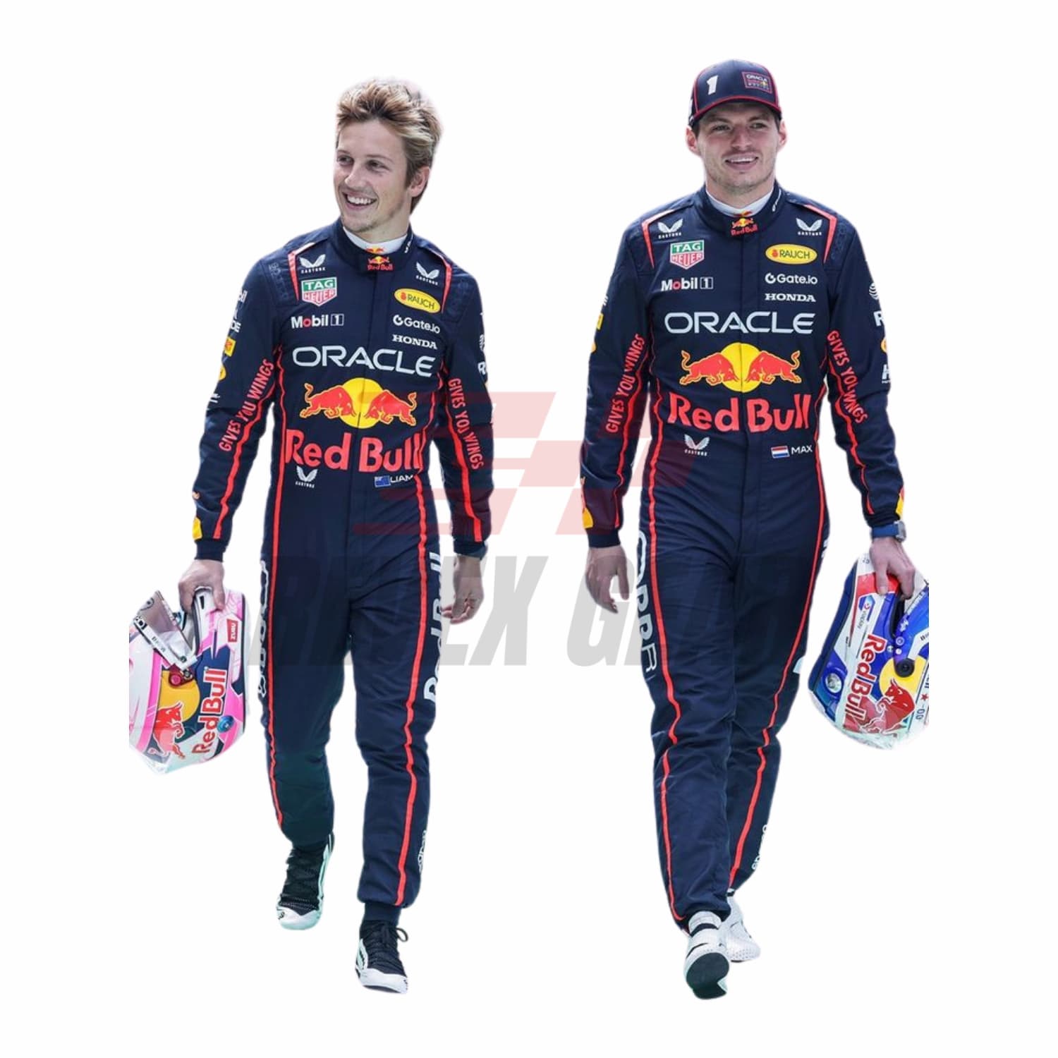 Front view of 2025 F1 racing costume worn by Max Verstappen and Liam Lawson featuring aggressive contour lines, dynamic stretch zones, and precision sponsor placement in deep navy and crimson tones.