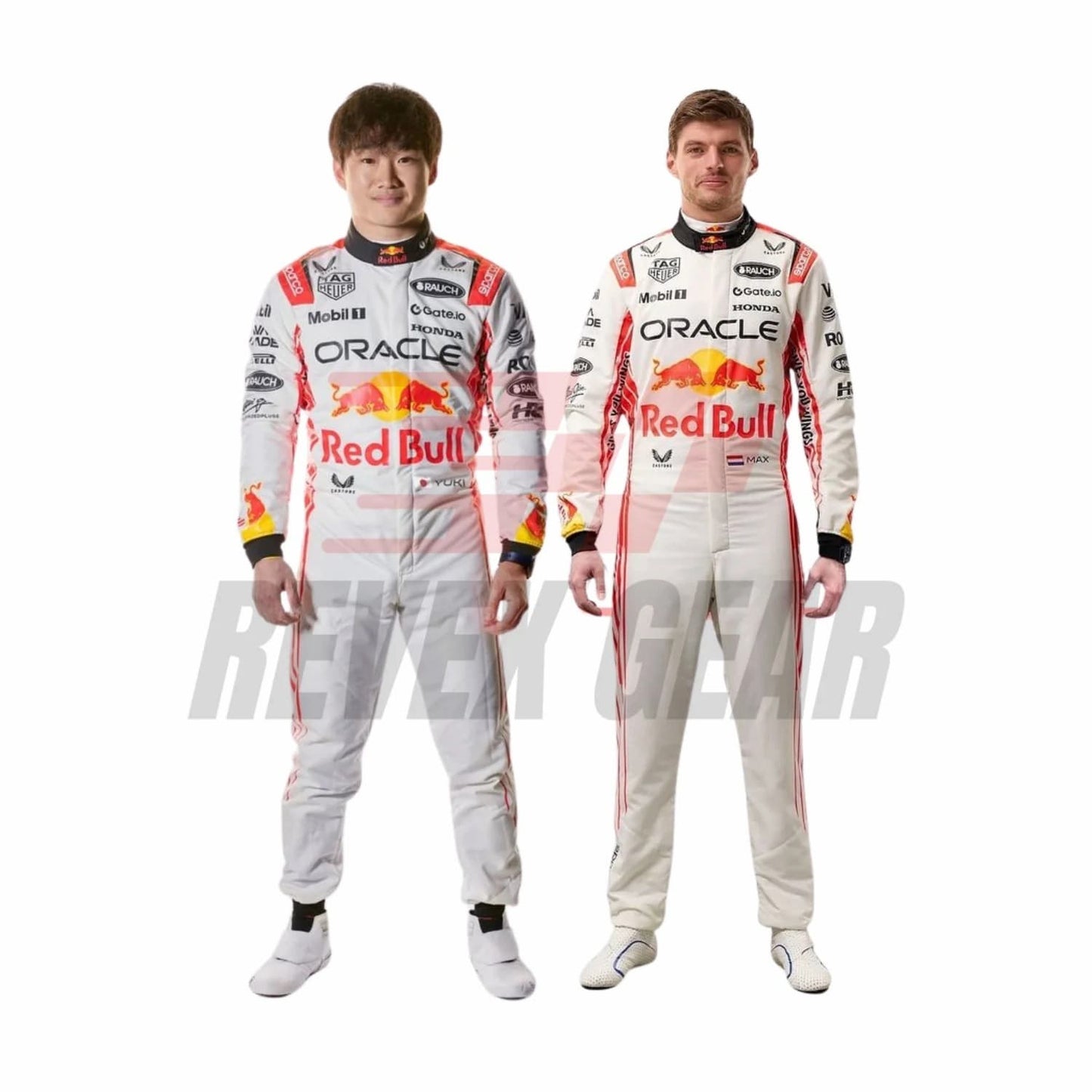 Max Verstappen And Yuki Tsunoda in his 2025 Japanese Grand Prix racing suit, featuring a special white livery with red accents inspired by Japanese culture.