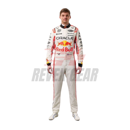 Max Verstappen's 2025 Japanese Grand Prix race suit front view, featuring a predominantly white design with red accents inspired by Japanese culture.