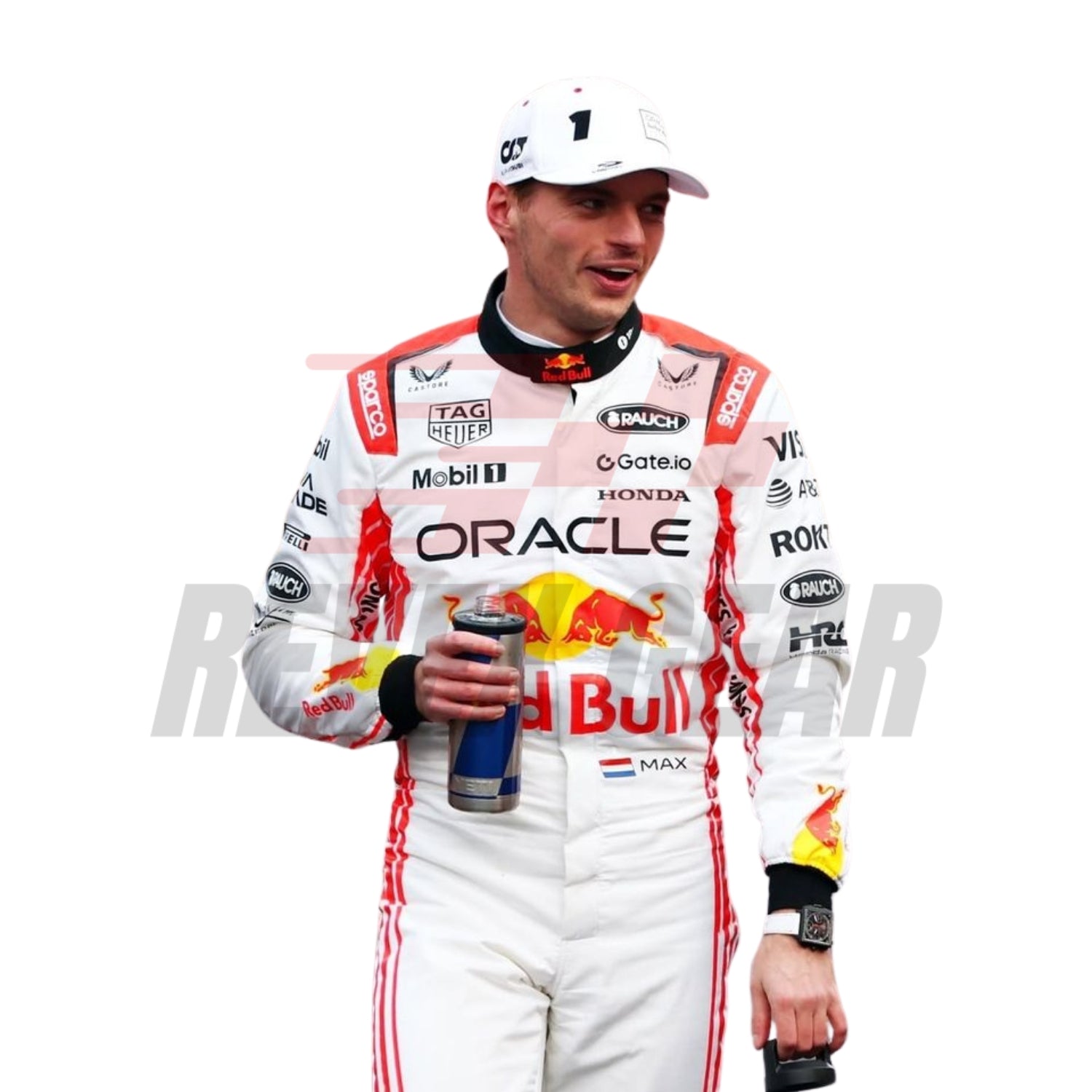 Close-up of Max Verstappen's 2025 Japanese GP helmet, featuring a minimalist red-and-white color scheme with cherry blossom motifs, inspired by the Japanese flag.