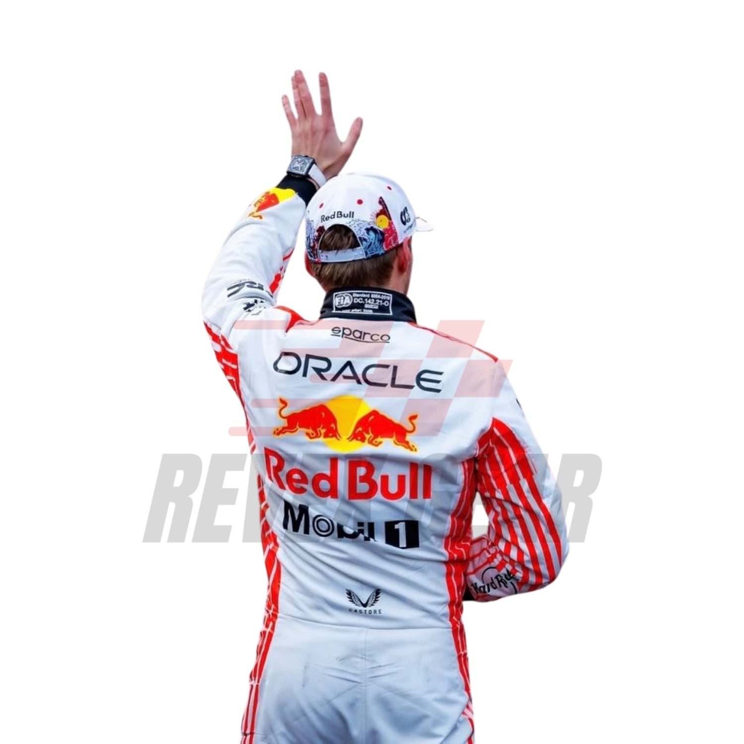 Rear view of Max Verstappen's 2025 Japanese GP race suit, showcasing personalized elements and intricate detailing.