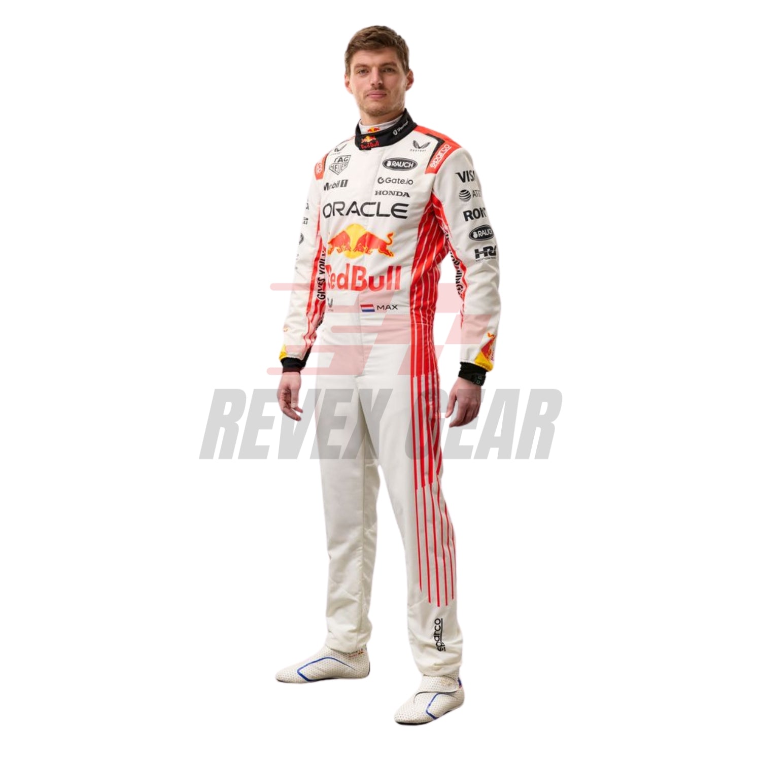 Left Side profile of Max Verstappen's 2025 race suit, highlighting the ergonomic fit and unique design elements.