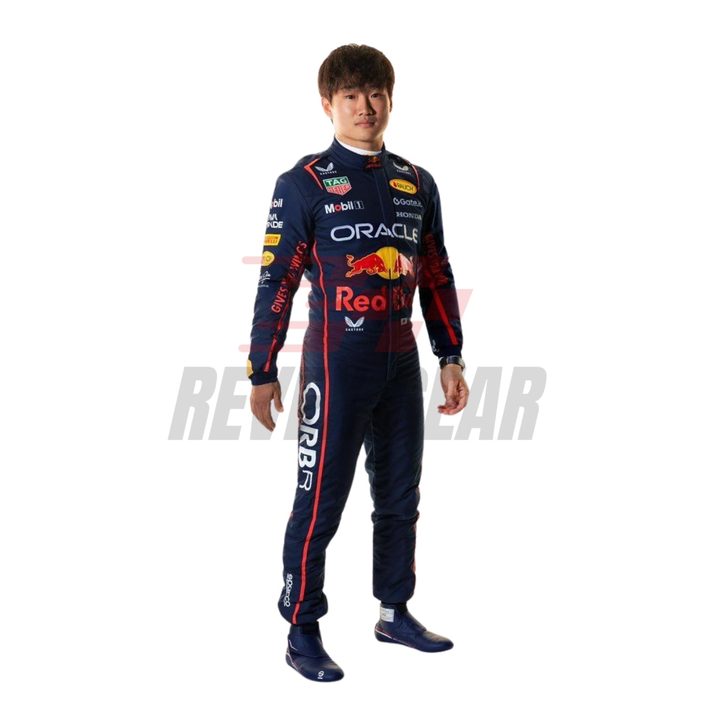 Yuki Tsunoda in action during the 2025 Abu Dhabi Grand Prix at Yas Marina Circuit, wearing his special edition blue race suit with red accents.