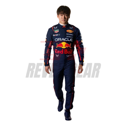 Yuki Tsunoda's 2025 Abu Dhabi Grand Prix race suit front view, featuring a predominantly bllue design with red side panels and green accents around the shoulders and collar.