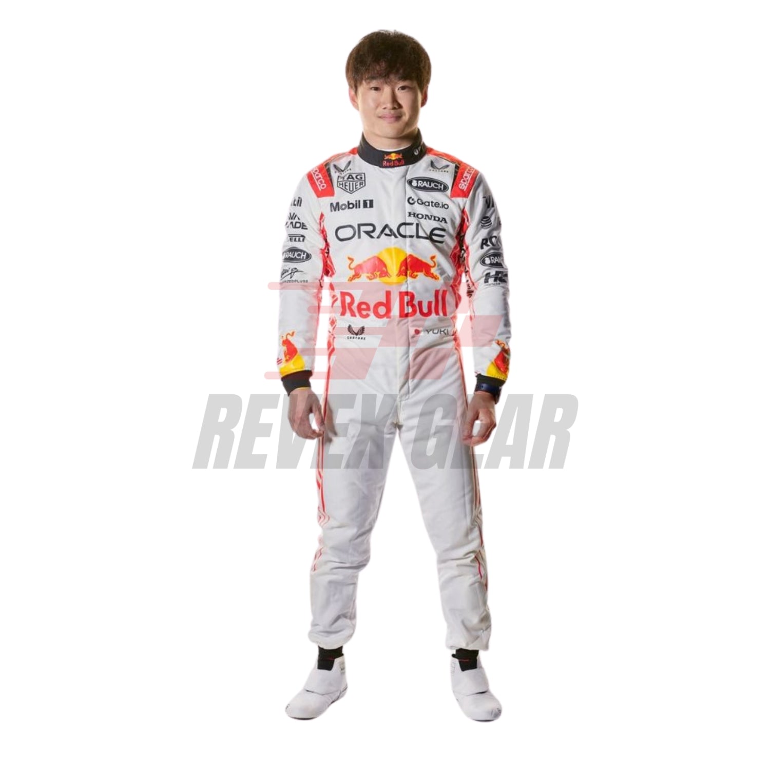 Yuki Tsunoda's 2025 Japanese Grand Prix race suit front view, showcasing a predominantly white design with blue side panels and green accents around the shoulders.