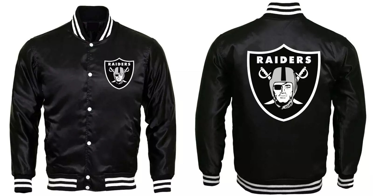 NFL Oakland Las Vegas Raiders Bomber Style Letterman Black Satin Varsity Jacket
