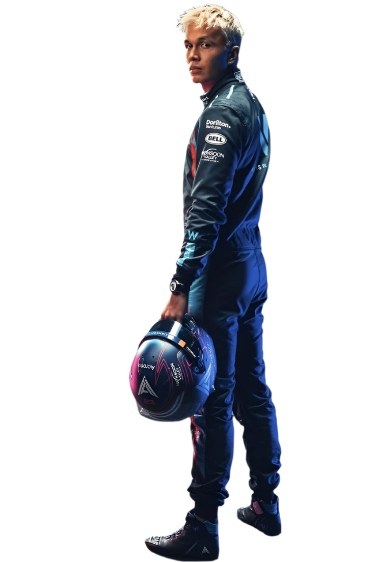 Side profile of Alex Albon's 2023 F1 racing suit, highlighting the dark blue fabric with red and light blue stripes along the sides.