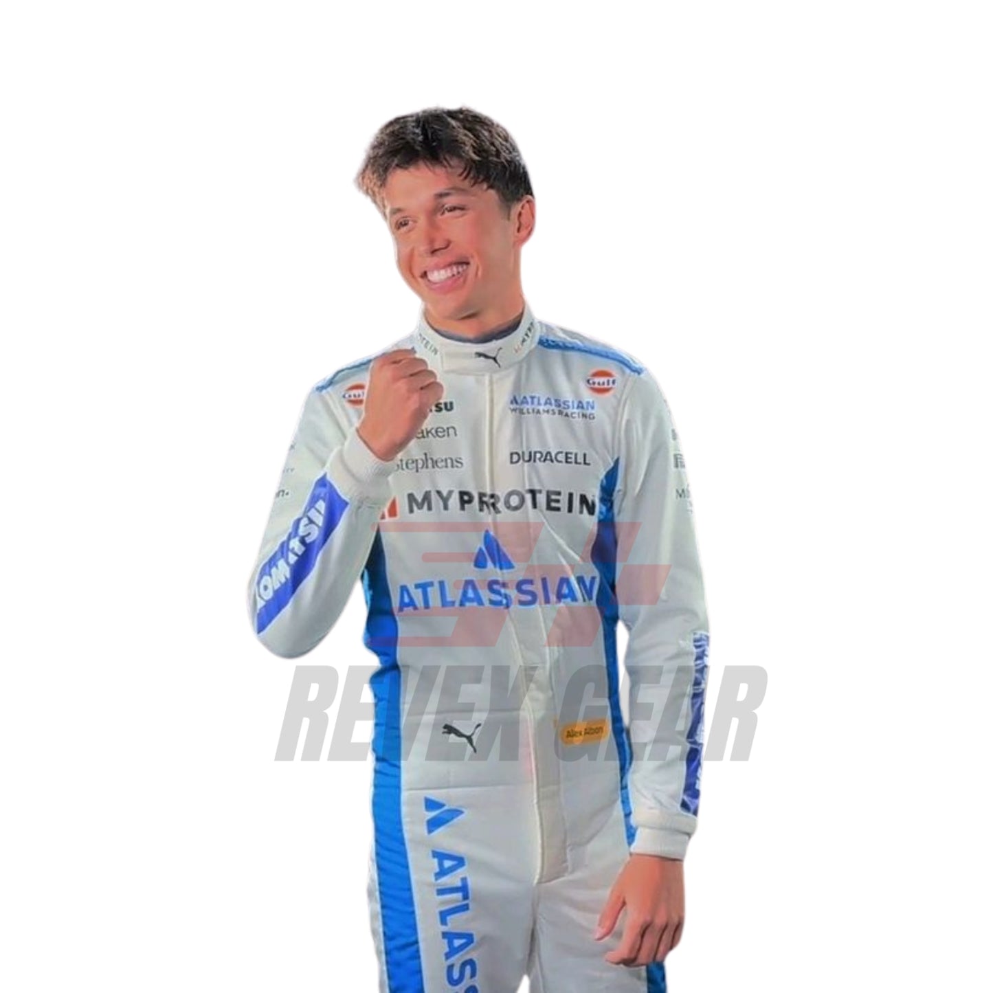Side profile of Alex Albon wearing his 2025 Monaco GP racing suit, highlighting the suit's aerodynamic fit and detailing.