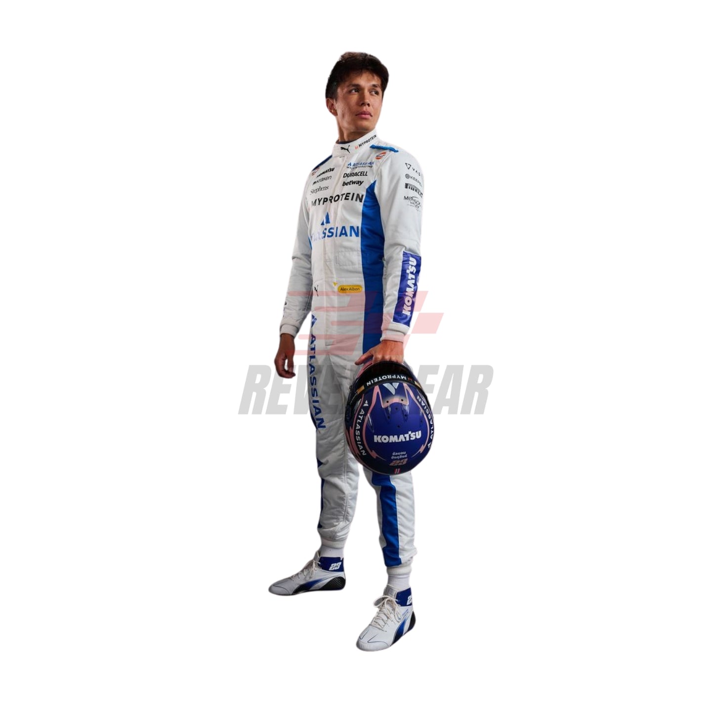 Alex Albon in his 2025 Monaco GP racing suit, showcasing the front design with distinctive color accents.