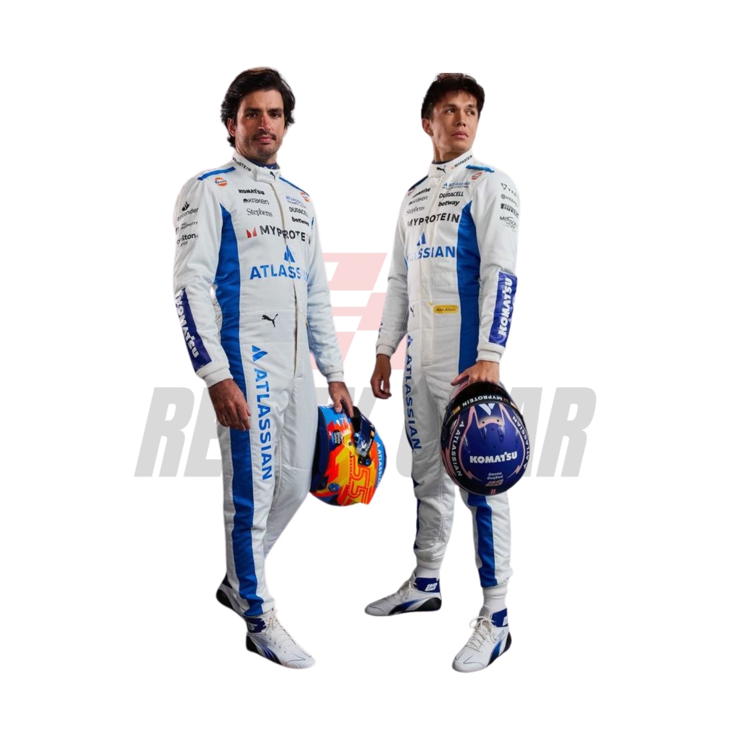 Alex Albon and Carlos Sainz Jr in his 2025 Monaco GP racing suit, showcasing the front design with distinctive color accents.