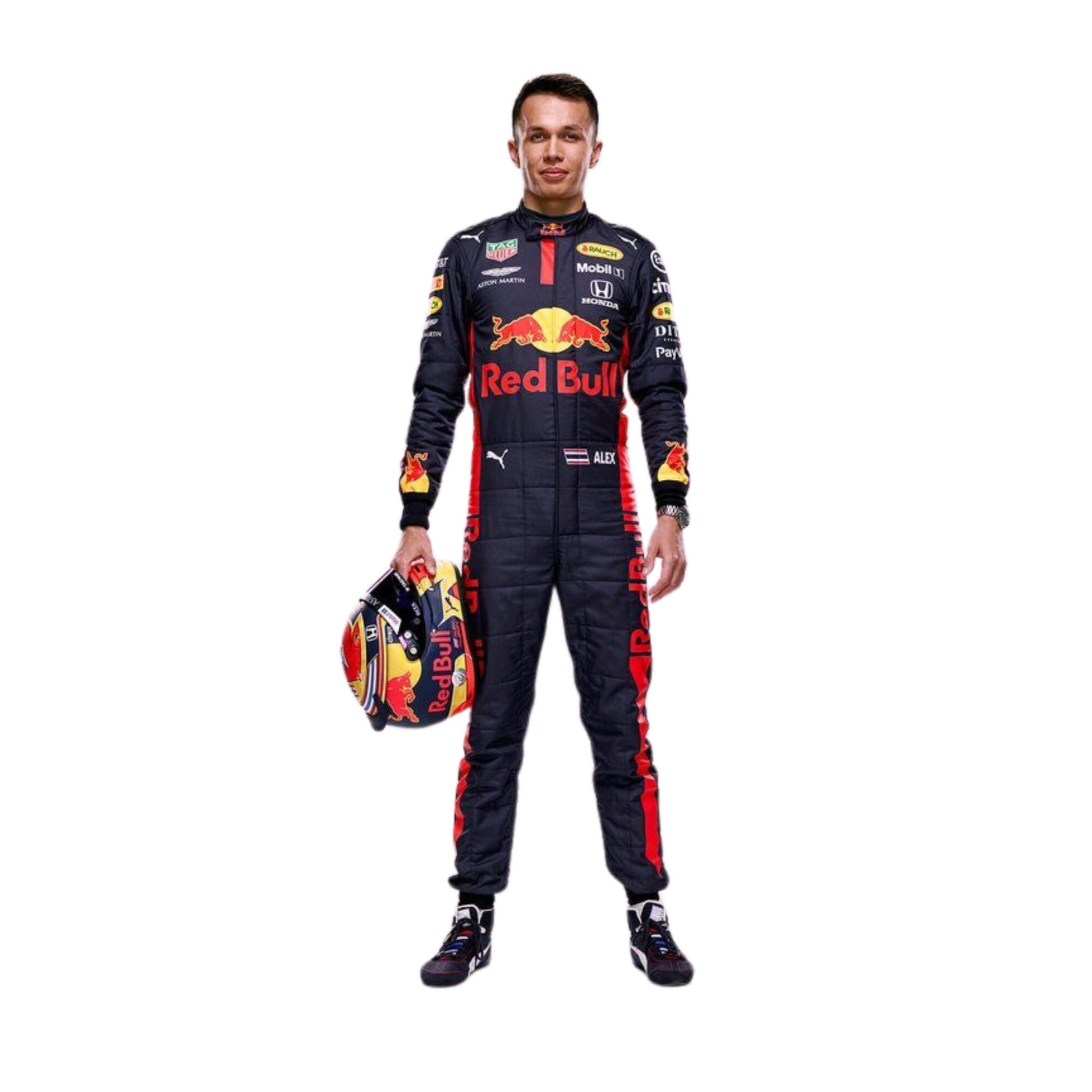 Alexander Albon 2019 F1 racing suit front view, featuring Red Bull Racing branding, sponsor logos, and a bold design for high-performance racing.