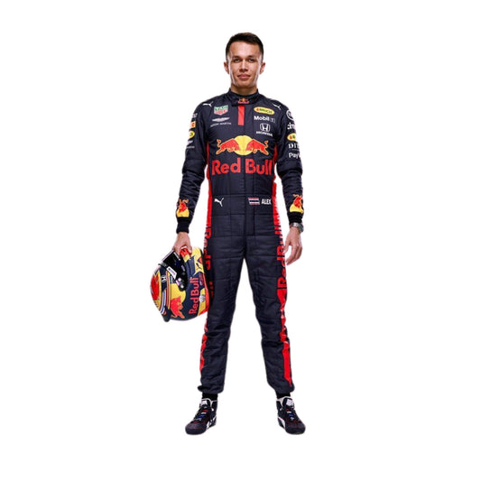 Alexander Albon 2019 F1 racing suit front view, featuring Red Bull Racing branding, sponsor logos, and a bold design for high-performance racing.