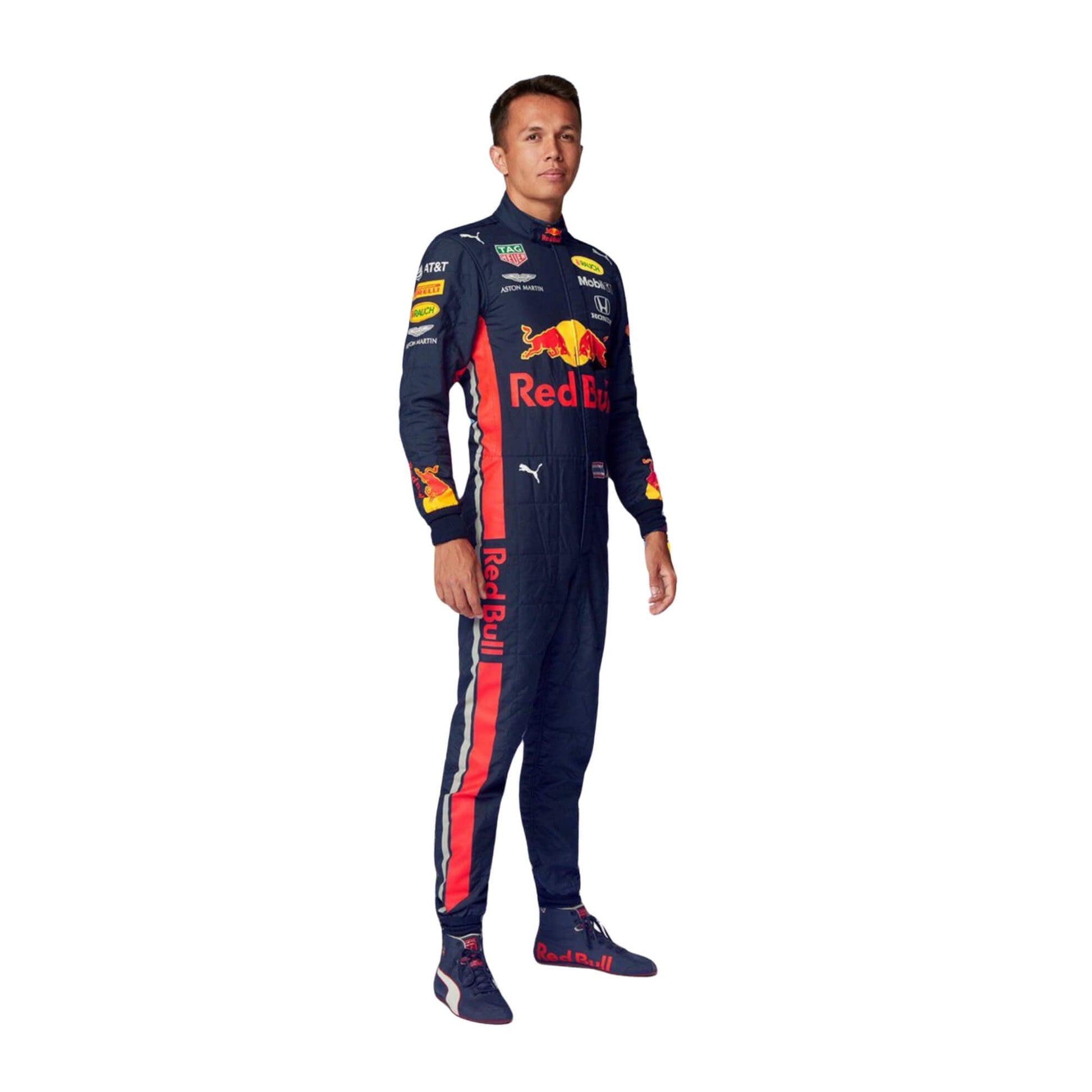 Left Side view of Alexander Albon’s 2019 F1 racing suit, showcasing the sleek fit and modern design, optimized for speed and agility on the track.