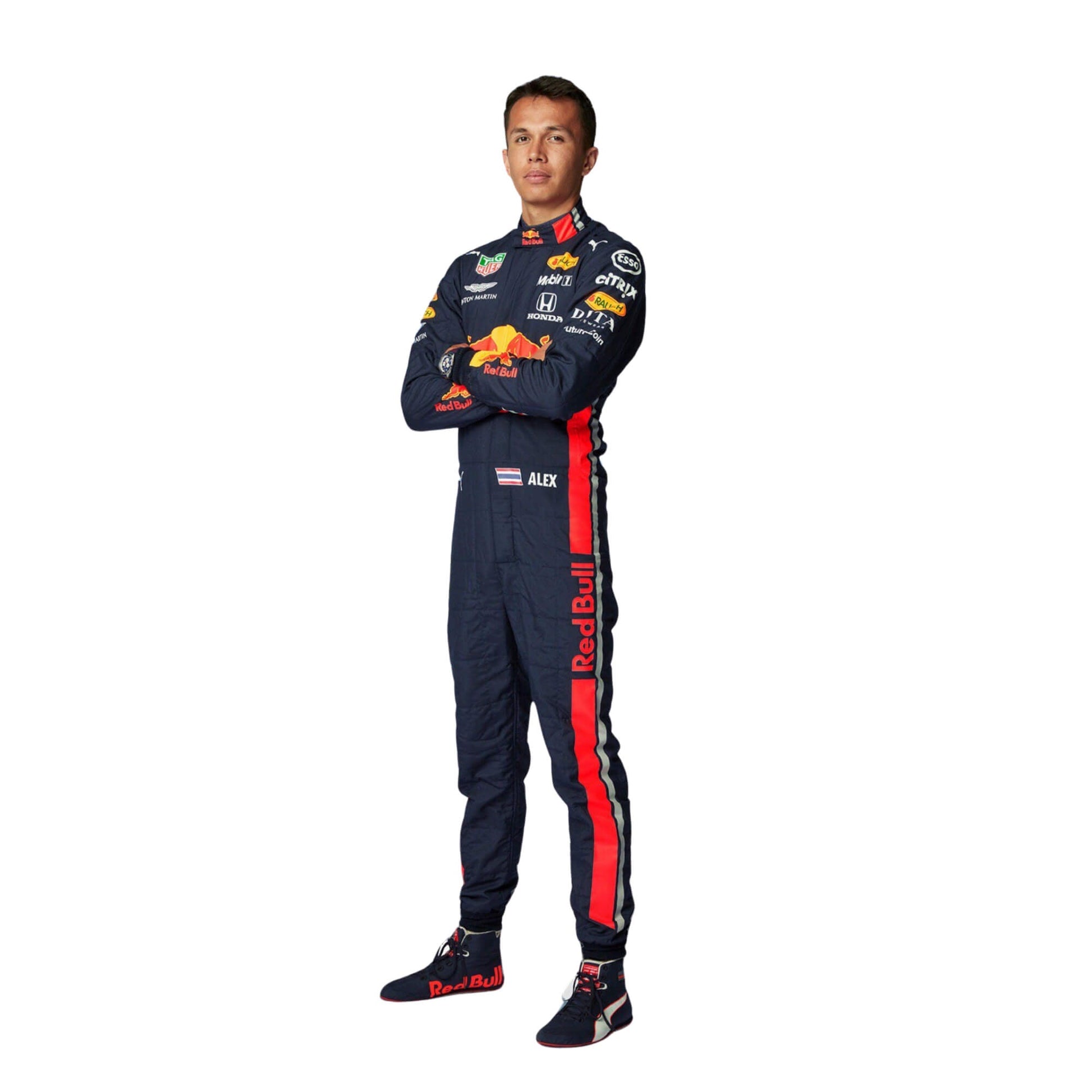 Right Side view of Alexander Albon’s 2019 F1 racing suit, showcasing the sleek fit and modern design, optimized for speed and agility on the track.