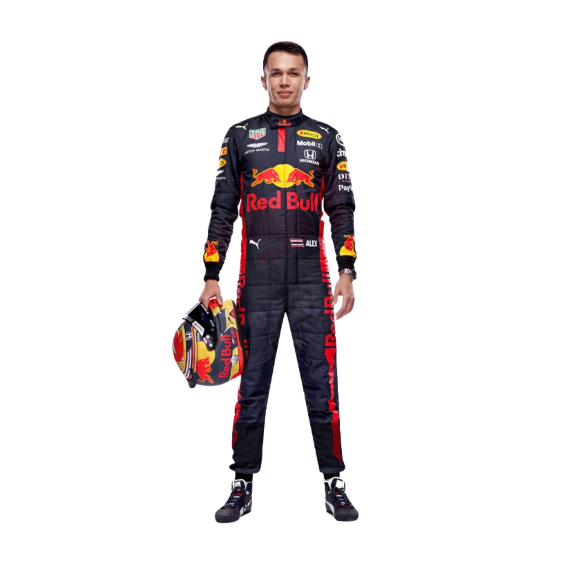 2020 Alexander Albon Tuscan GP F1 racing suit front view, showcasing bold design, sponsor logos, and race-specific details.