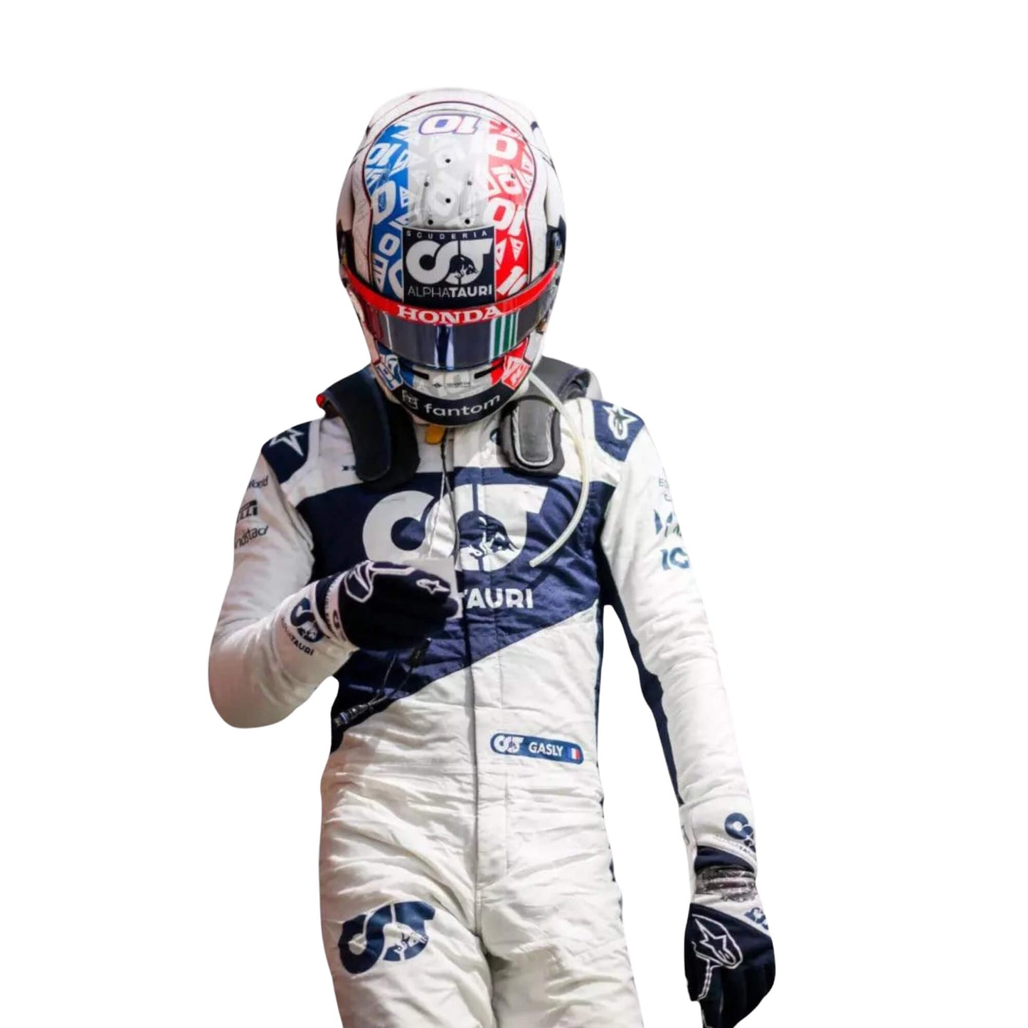 Closeup front view of Pierre Gasly’s 2021 F1 racing suit