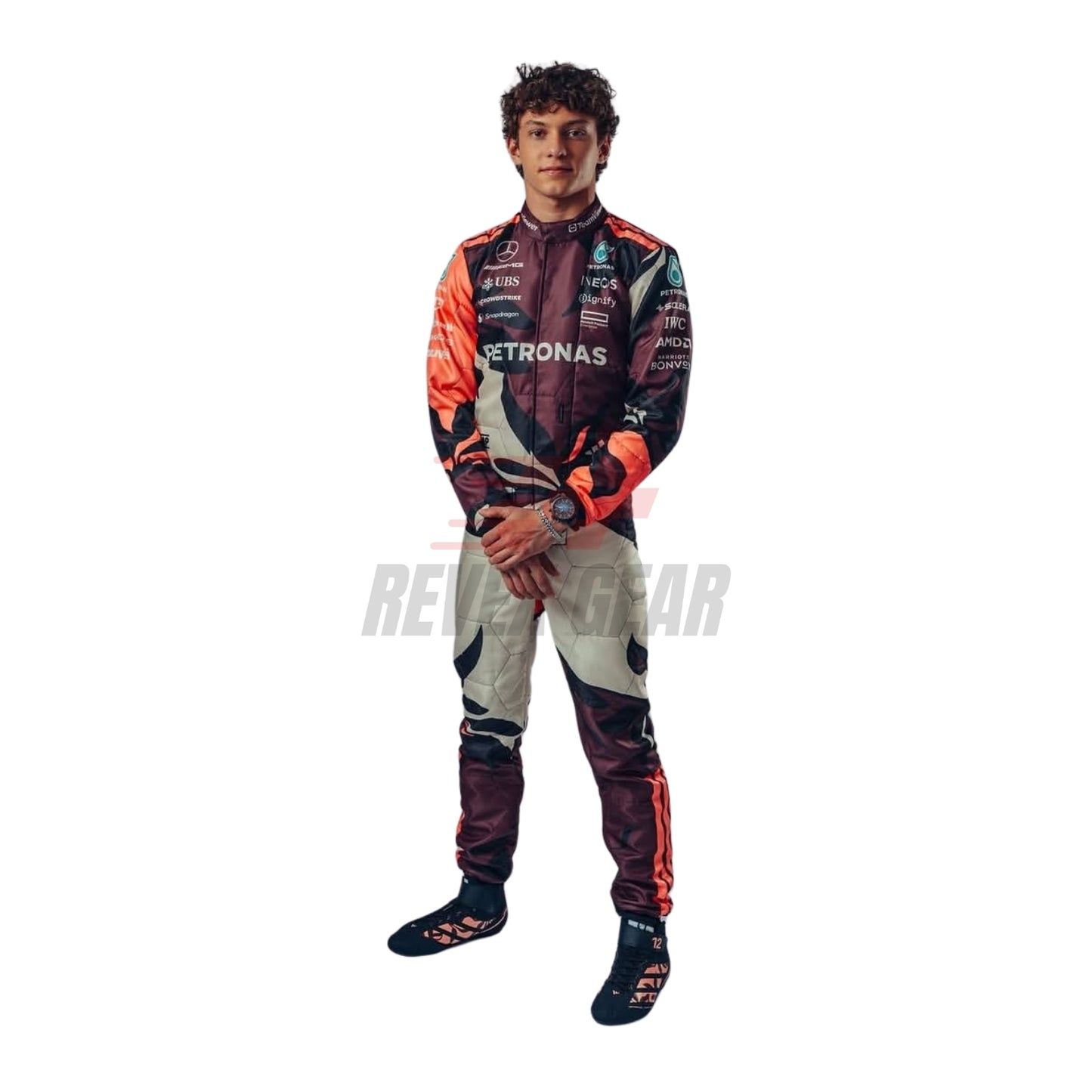Front view of Andrea Kimi Antonelli’s 2025 Miami GP F1 racing suits featuring modern aerodynamic tailoring, tropical-inspired graphics, and race-ready detailing.