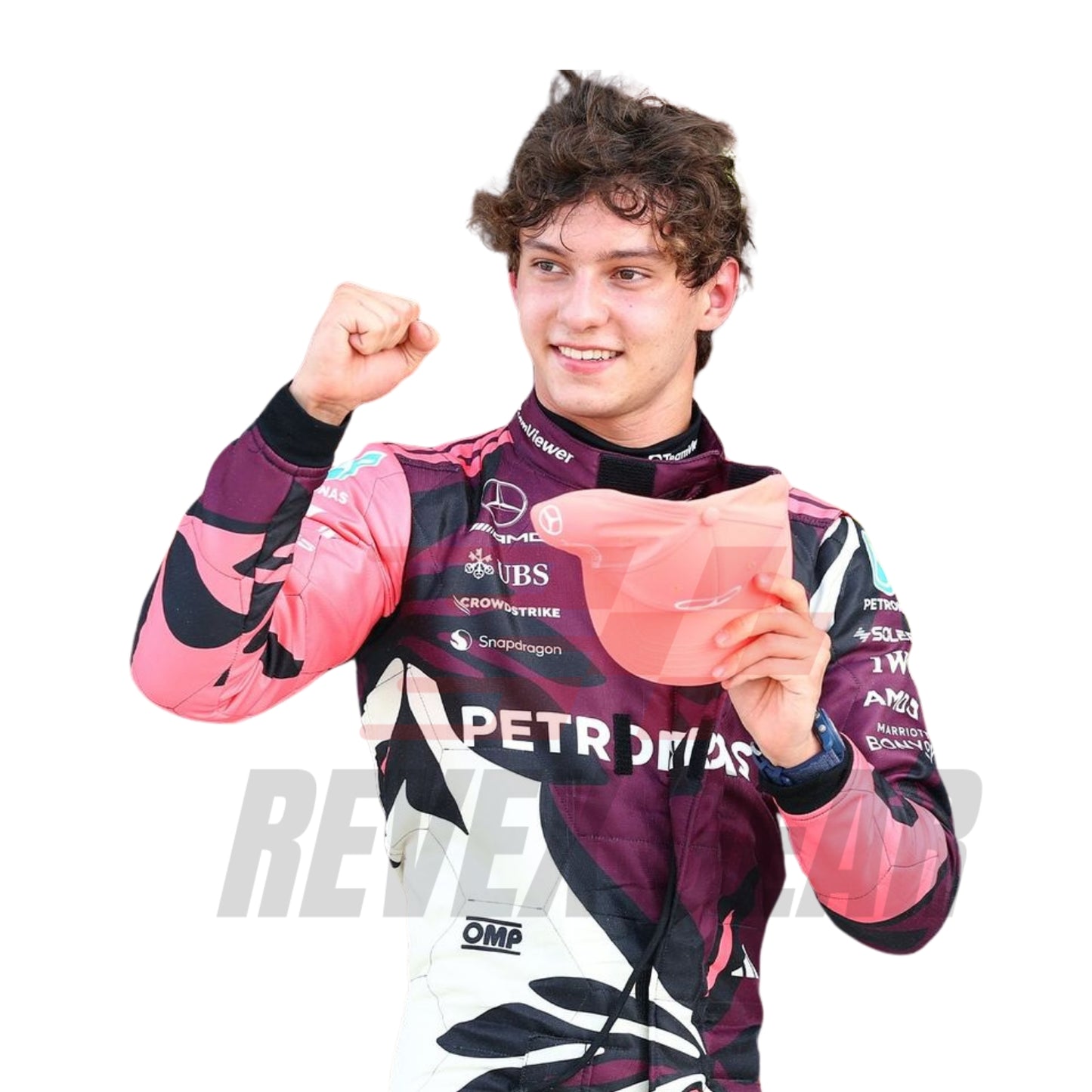 Close-up of high-performance fabric, stitched driver names, and sponsor logos on the 2025 Miami GP racing suits of Andrea Kimi Antonelli.