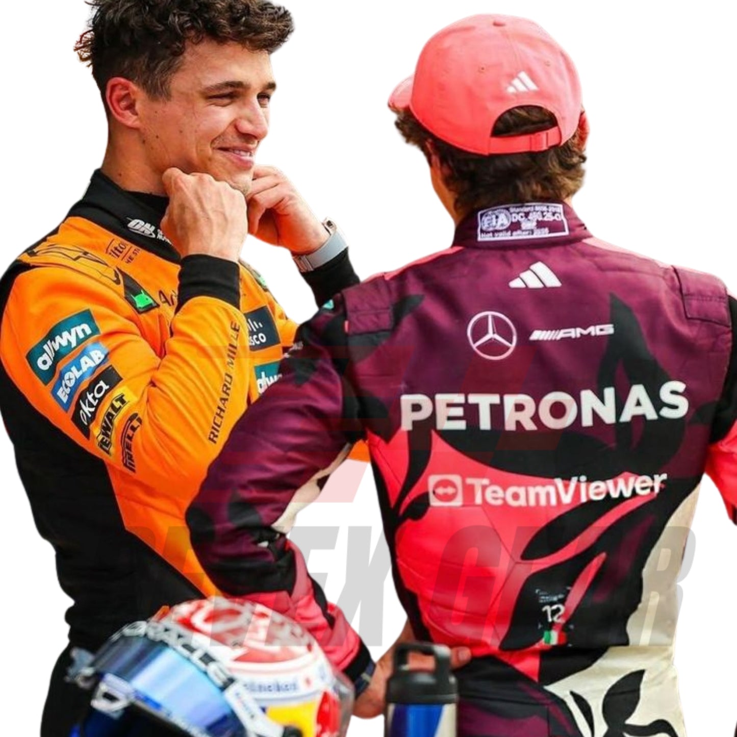 Rear view showcasing the fitted design of the 2025 Miami GP racing suits worn by Antonelli, with bold number placement and airflow-enhancing panels.
