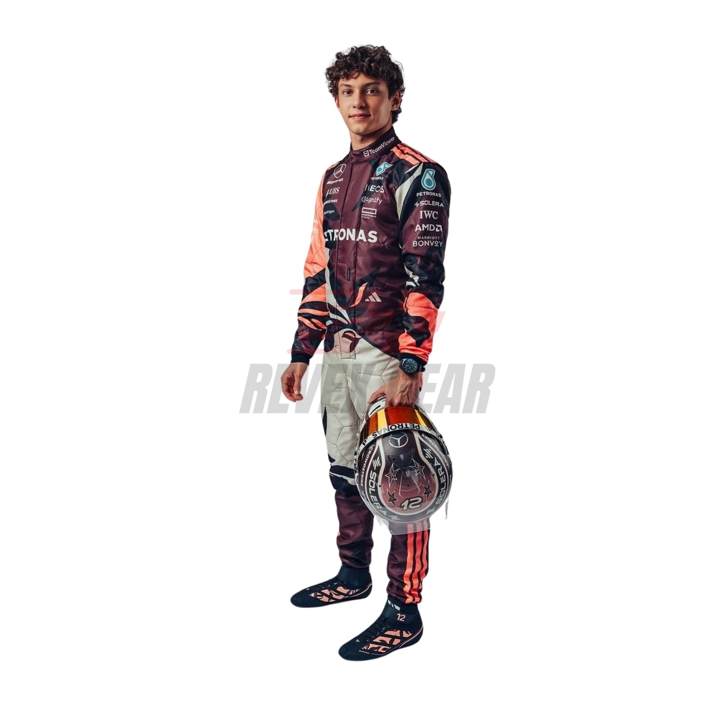 Side profile of Andrea Kimi Antonelli the 2025 Miami GP suits highlighting driver-specific accents, dynamic side striping, and sleek ergonomic shaping for high-speed performance.