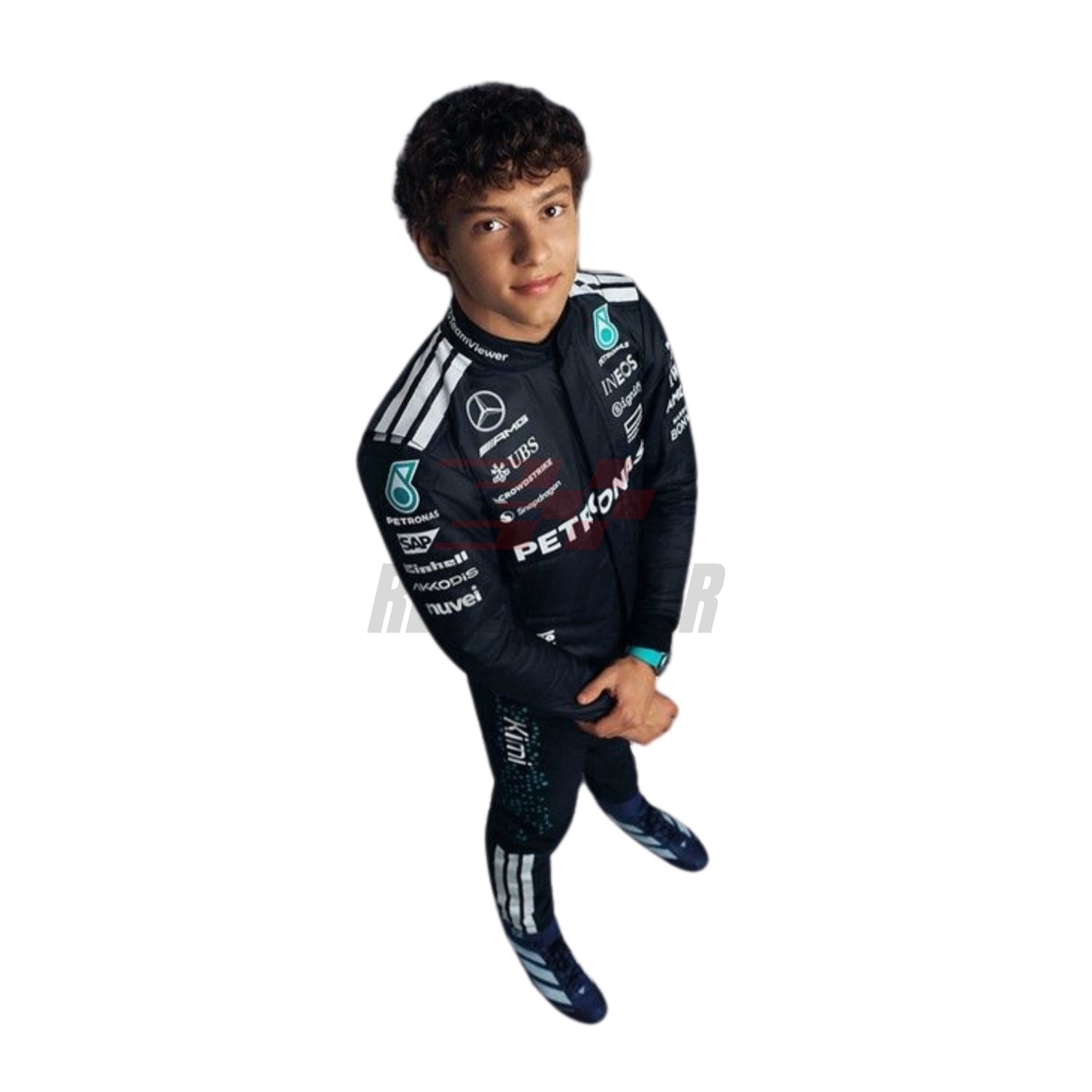 Side profile of 2025 racing outfit worn by Andrea Kimi Antonelli with contour-hugging panels, breathable mesh insets, and streamlined sponsor layout.