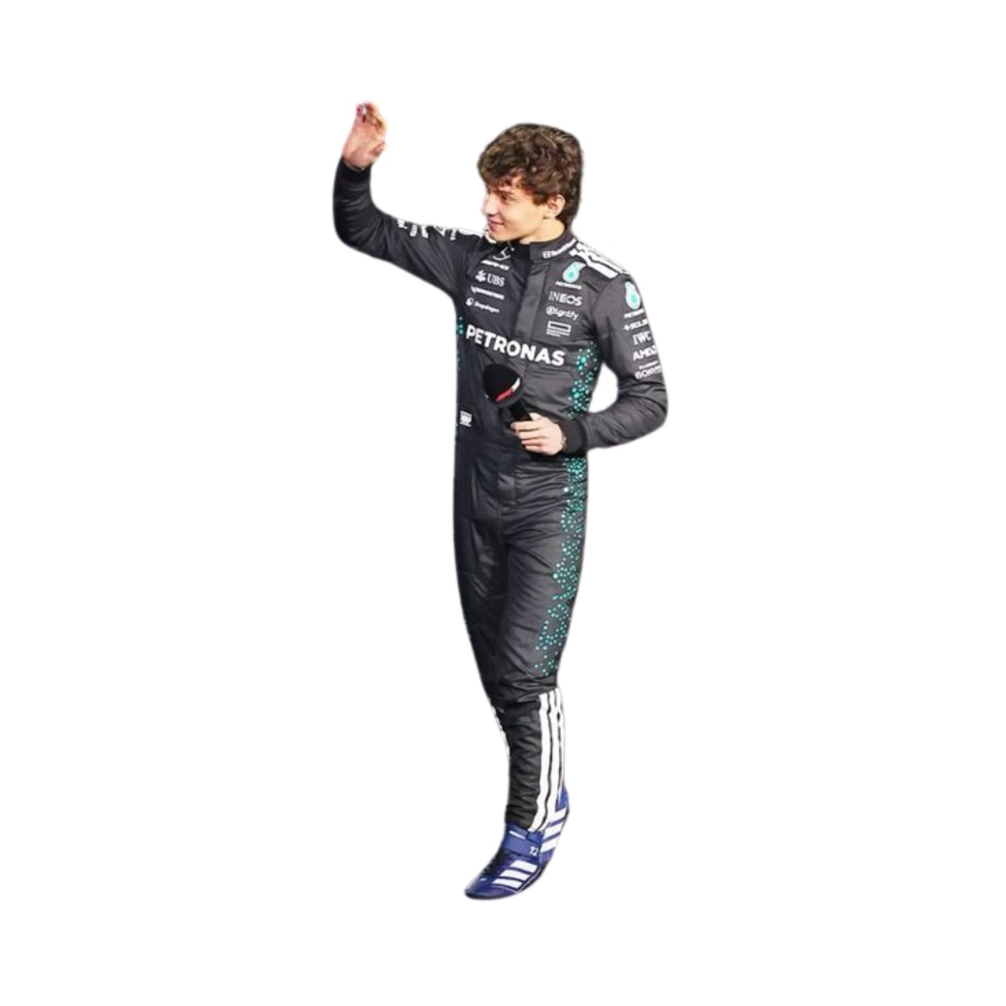 Side profile of Andrea Kimi Antonelli in his 2025 Formula 1 racing suit, displaying the ergonomic fit and the interplay of black and neon green fabrics, enhanced by subtle detailing along the side seams.