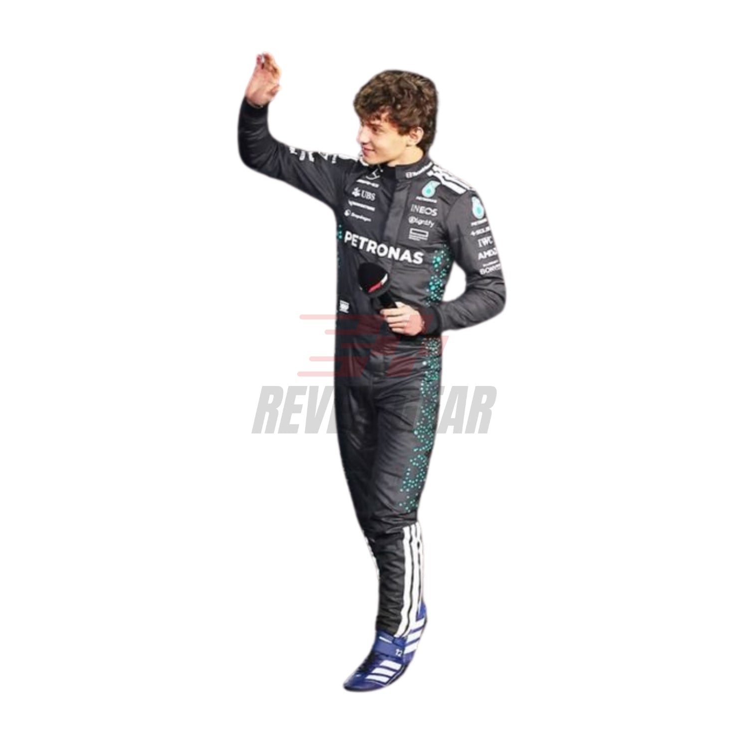 Side profile of 2025 racing outfit worn by Andrea Kimi Antonelli with contour-hugging panels, breathable mesh insets, and streamlined sponsor layout.