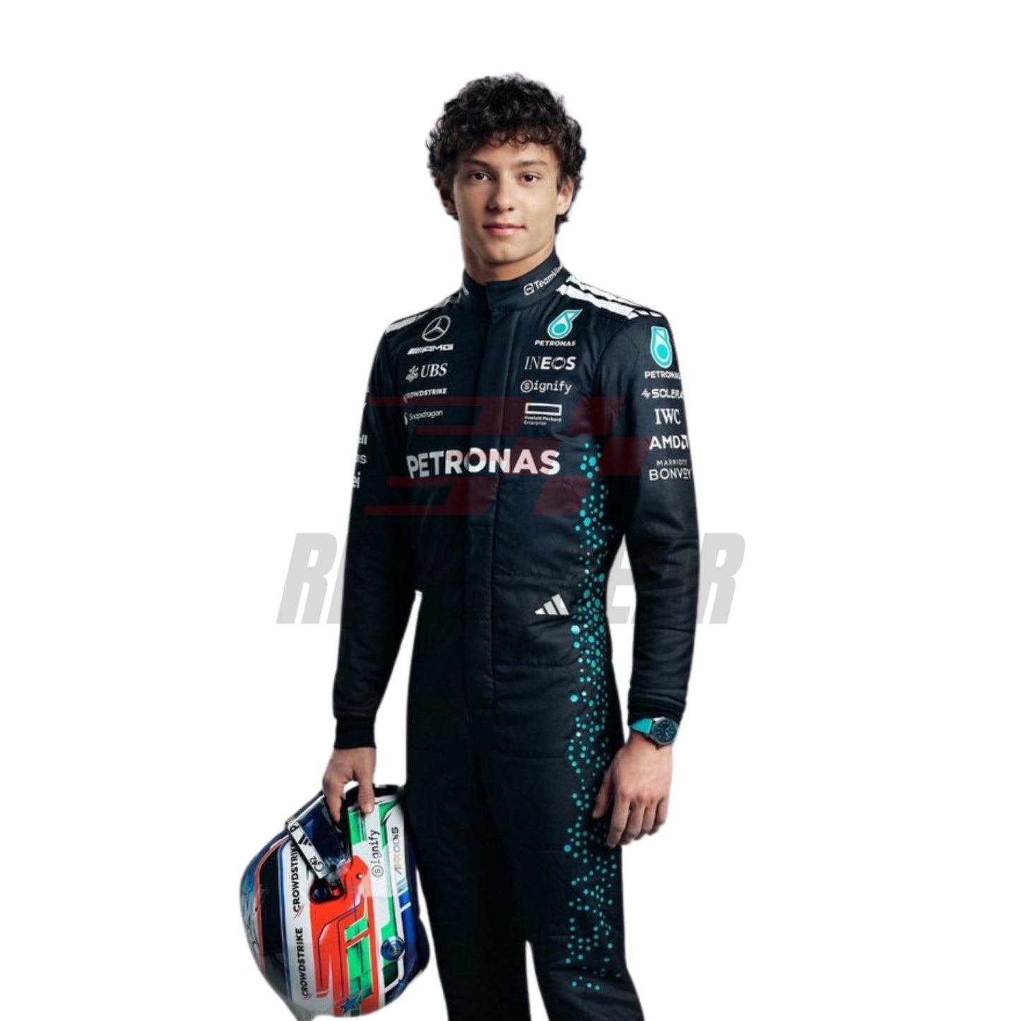 Close-up of the 2025 race costume fabric worn by Antonelli, focusing on premium stitching, high-durability textile layers, and logo embossing.