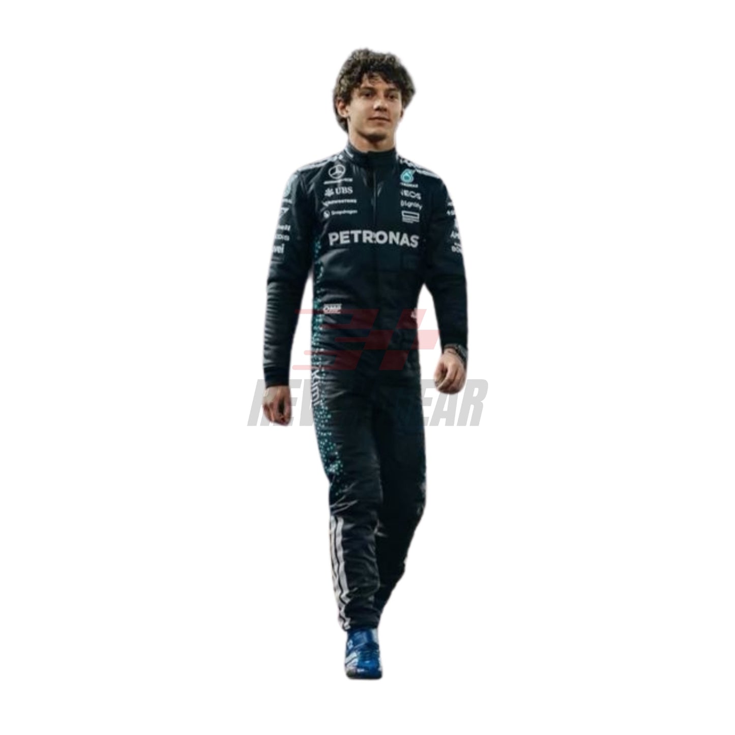 Front view of 2025 F1 racing costume worn by Andrea Kimi Antonelli, showcasing modern panel cuts, sleek airflow contours, and sponsor branding with black and silver tones.