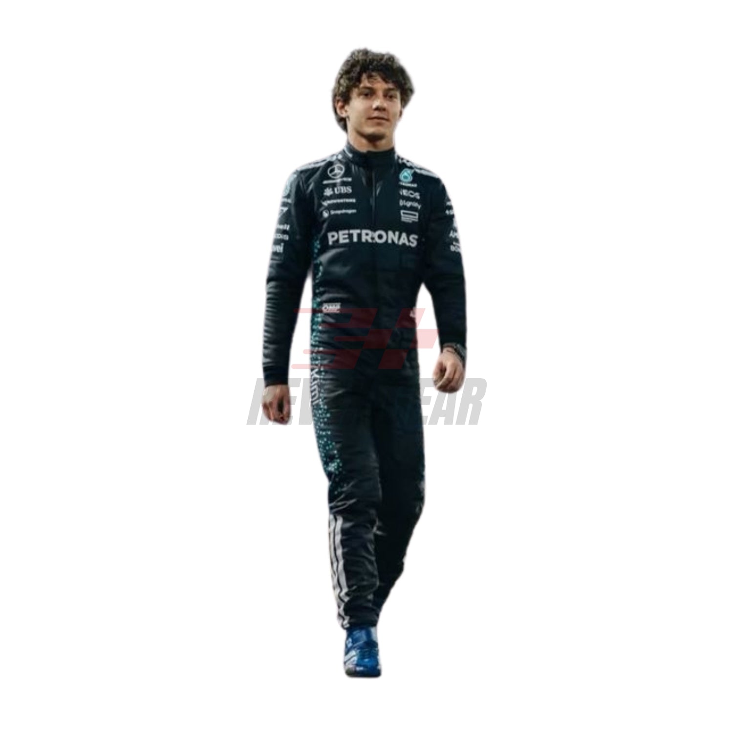 Front view of 2025 F1 racing costume worn by Andrea Kimi Antonelli, showcasing modern panel cuts, sleek airflow contours, and sponsor branding with black and silver tones.