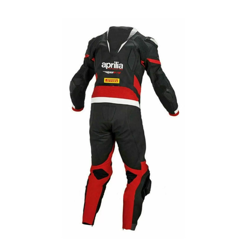 Black and Red Aprilia Motorbike Racing Leather Suit