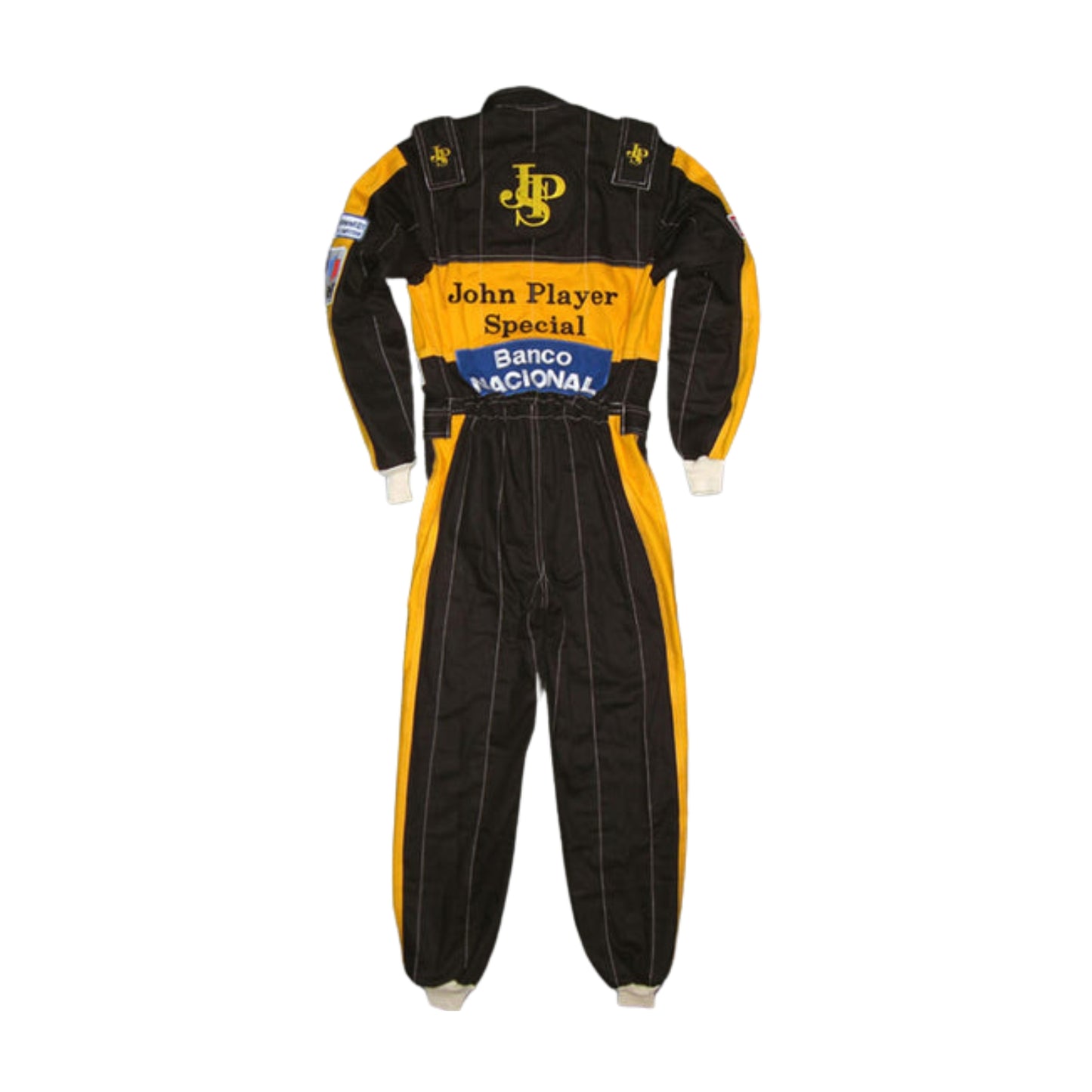 Back of the 1985 F1 racing suit worn by Ayrton Senna, featuring vintage design elements, classic sponsor logos, and the bold red and white color combination.
